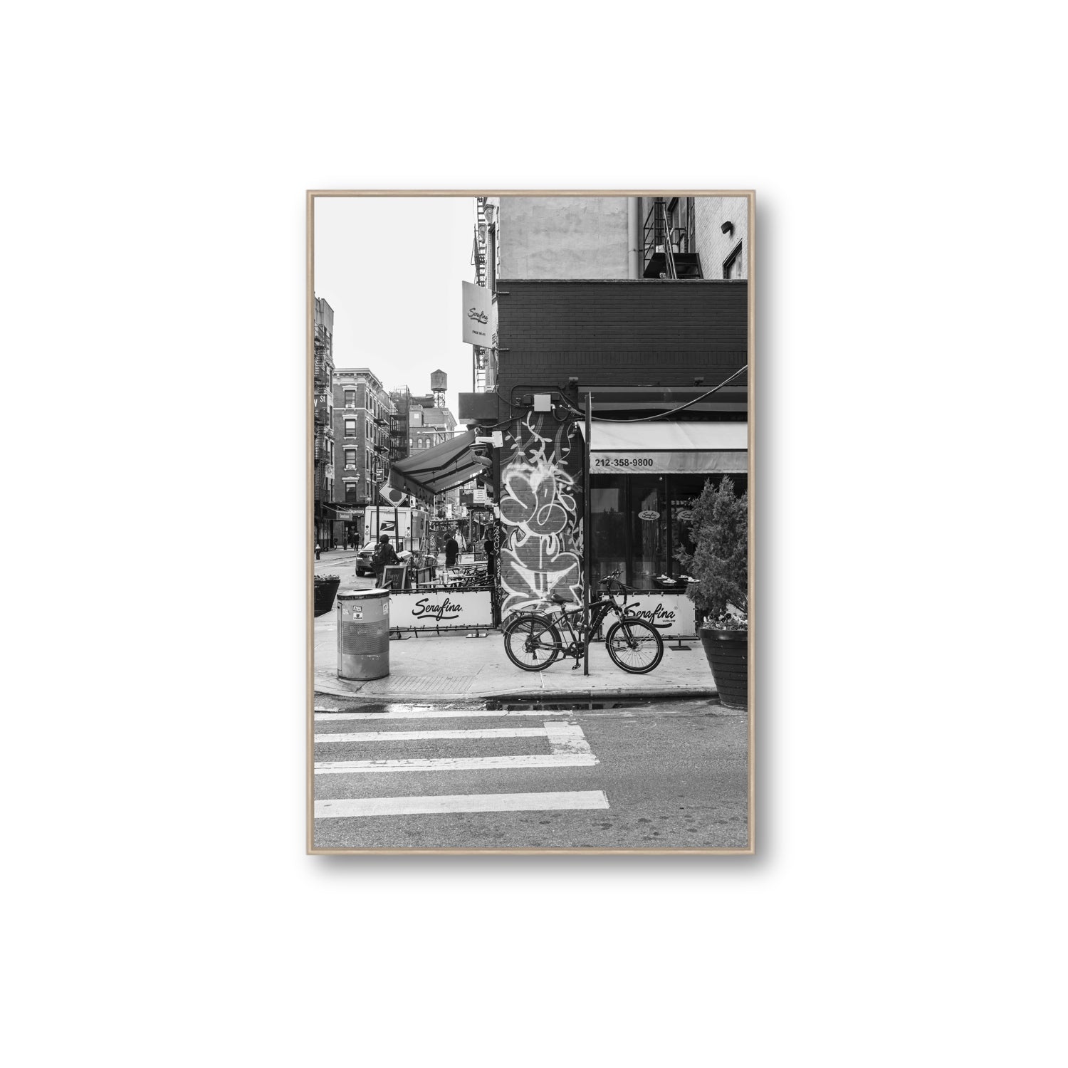 Cafe Canvas New York NYC Black & White wall art Extra Large fine art canvas in natural oak float frame