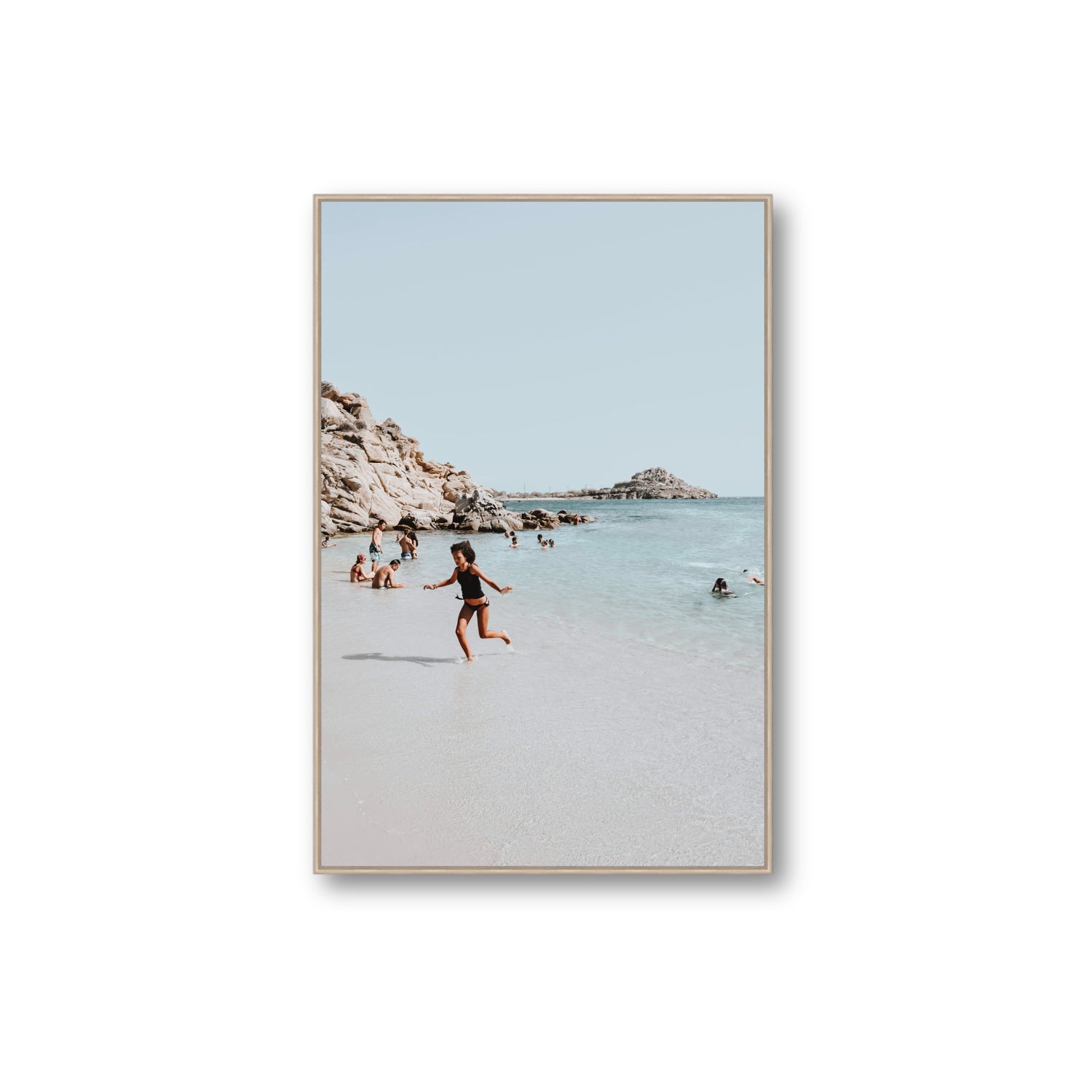 Skipping Angel Mykonos Greek island decor wall art Extra Large fine art canvas in natural oak float frame