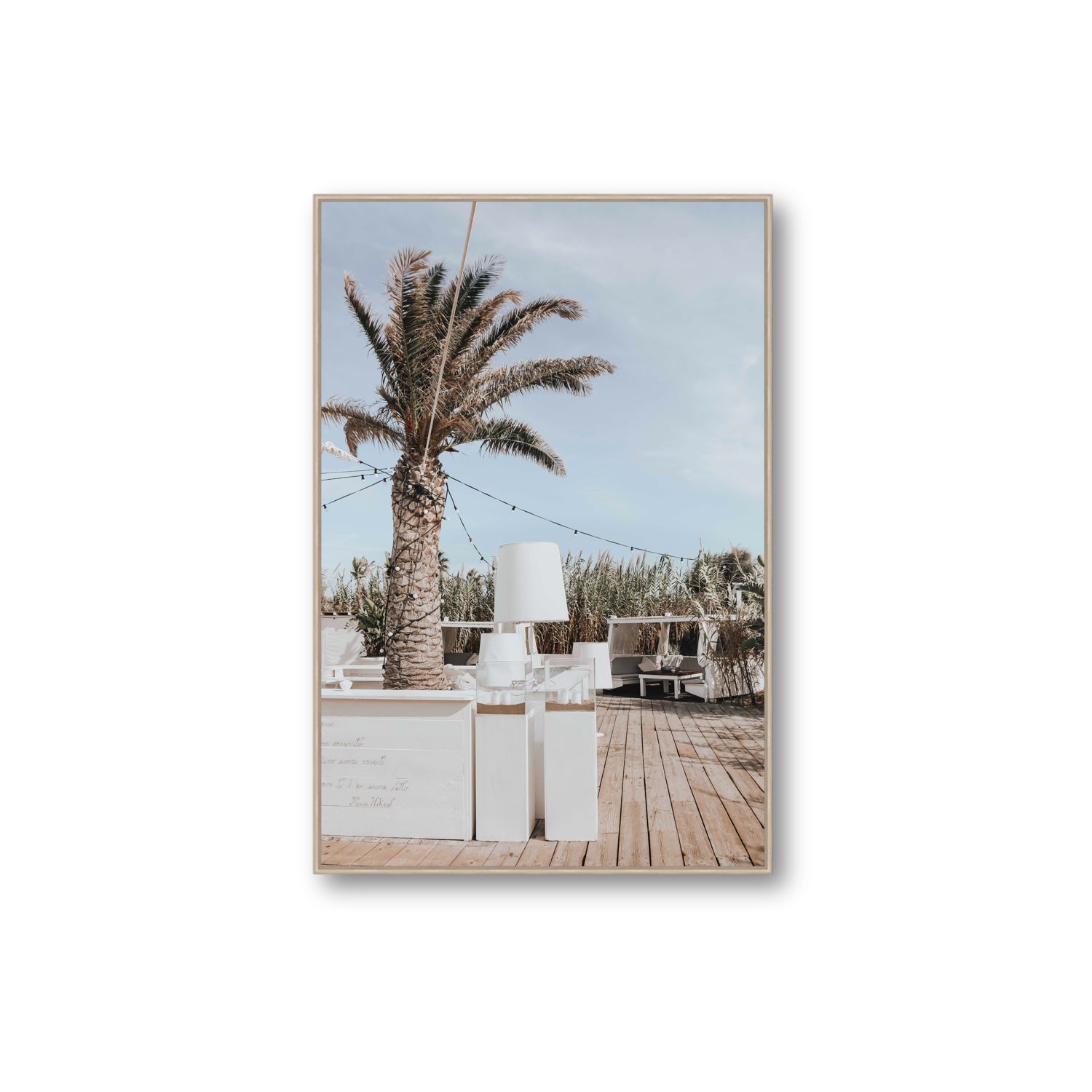 Seabreeze Palm Puglia coastal beach wall art Extra Large fine art canvas in natural oak float frame