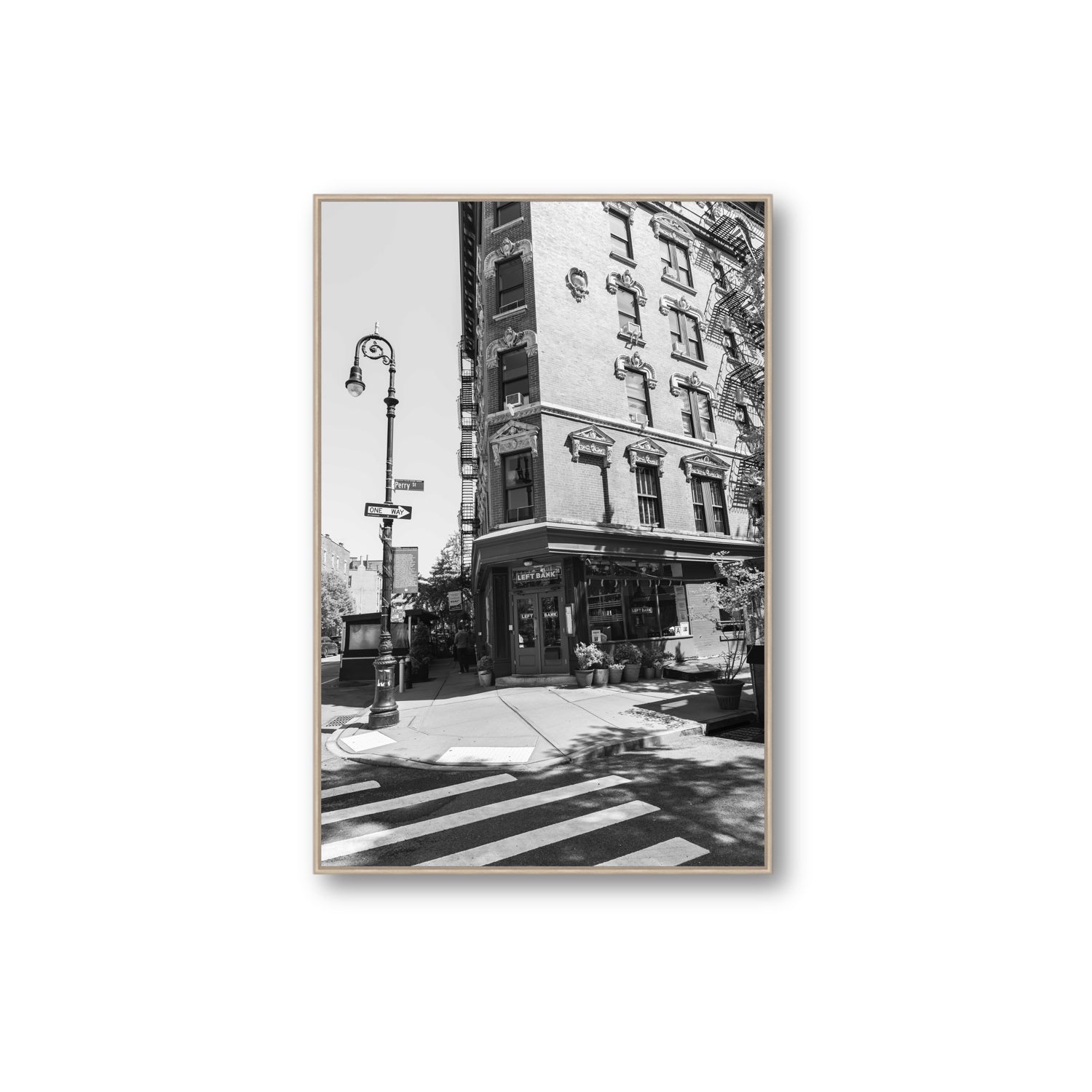 Parisian On Perry New York NYC Black & White wall art Extra Large fine art canvas in natural oak float frame