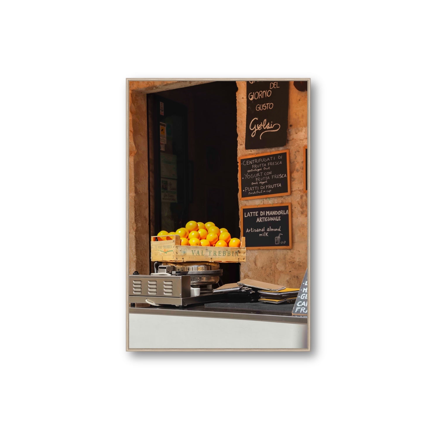 Luminous Citrus Puglia Ostuni Italian wall art Extra Large fine art canvas in natural oak float frame