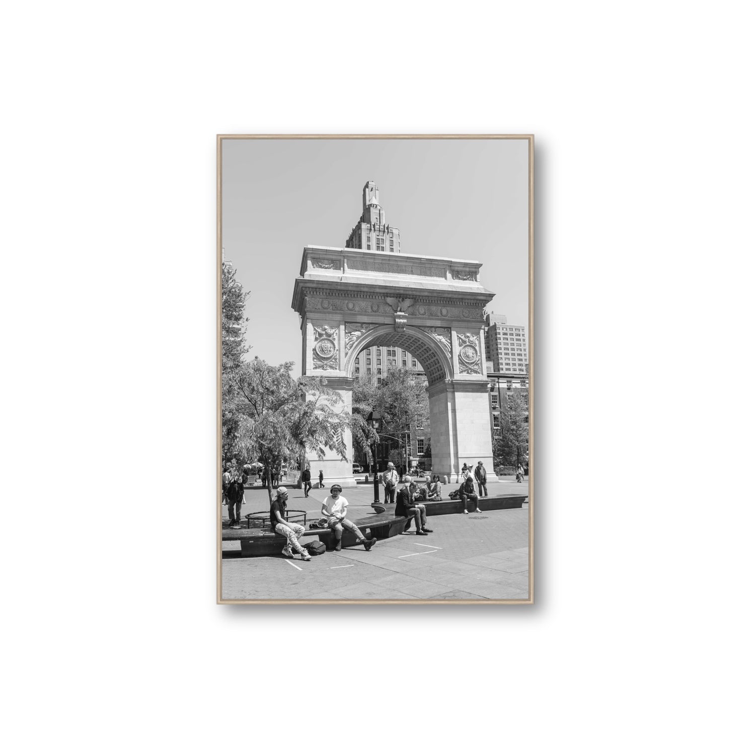 City Picnic New York NYC Black & White wall art Extra Large fine art canvas in natural oak float frame