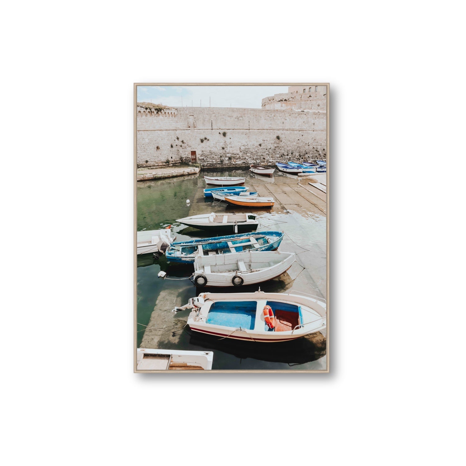 Harbour Palette Puglia coastal photography wall art Extra Large fine art canvas in natural oak float frame