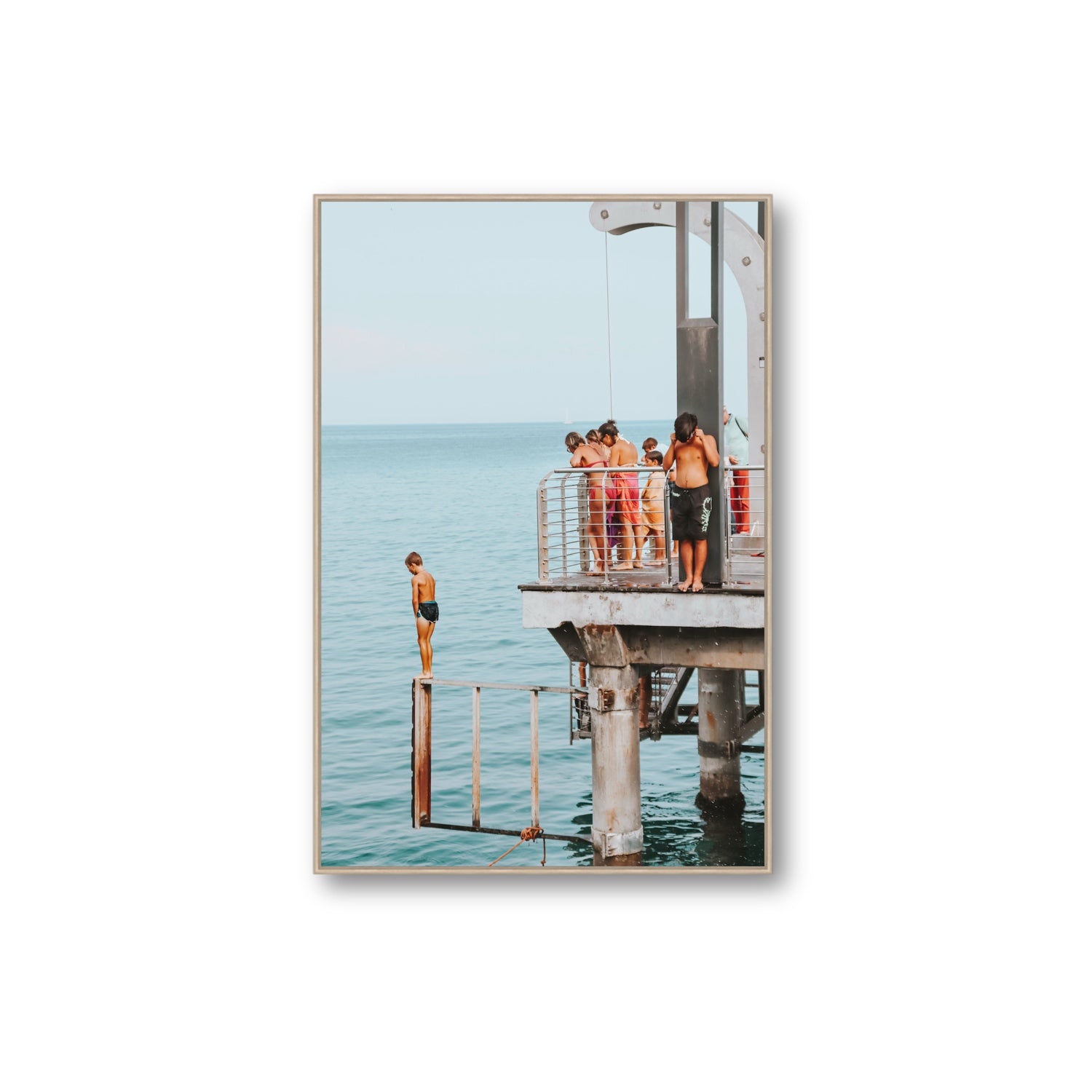 Golden Boy Alassio coastal decor wall art Extra Large fine art canvas in natural oak float frame