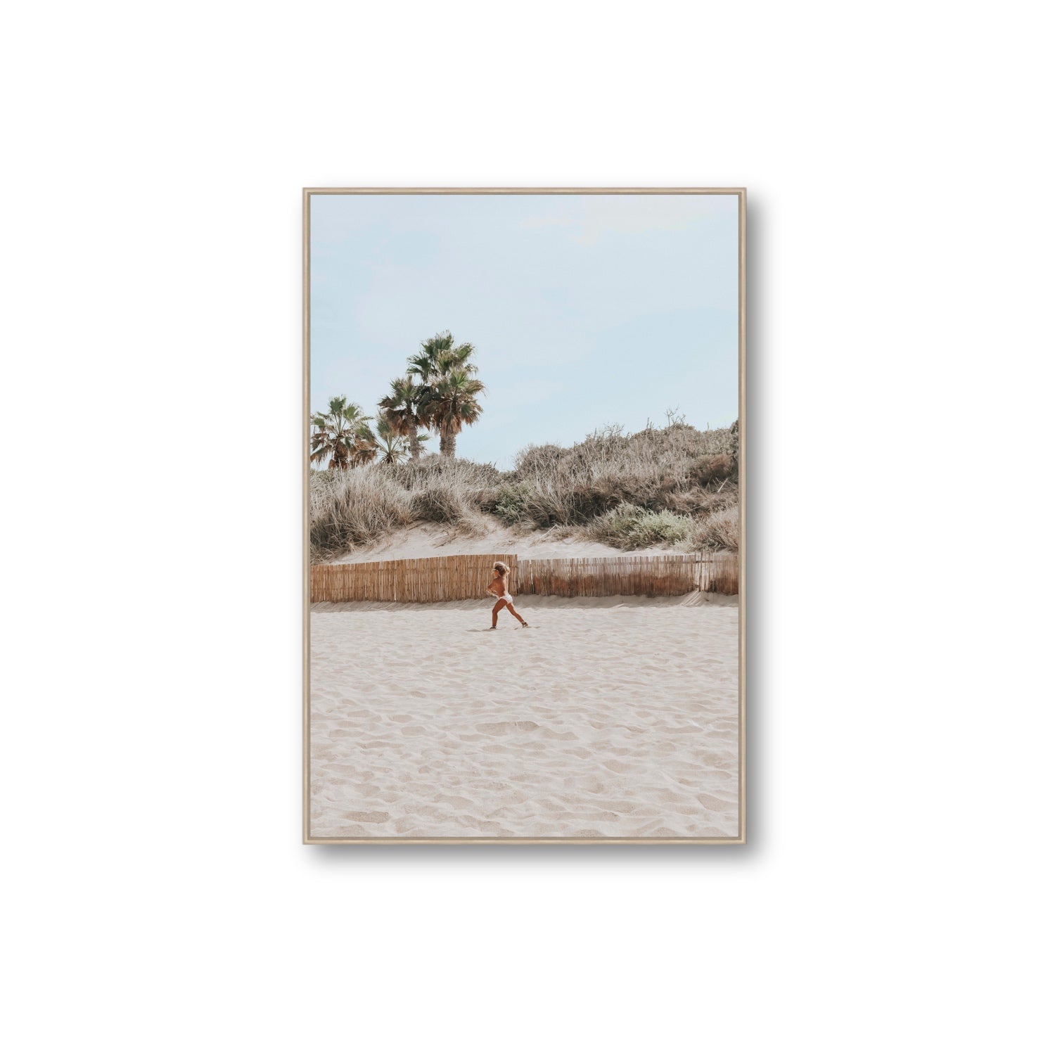 Joyful Sprint Puglia beach coastal fine art print Extra Large fine art canvas in natural oak float frame