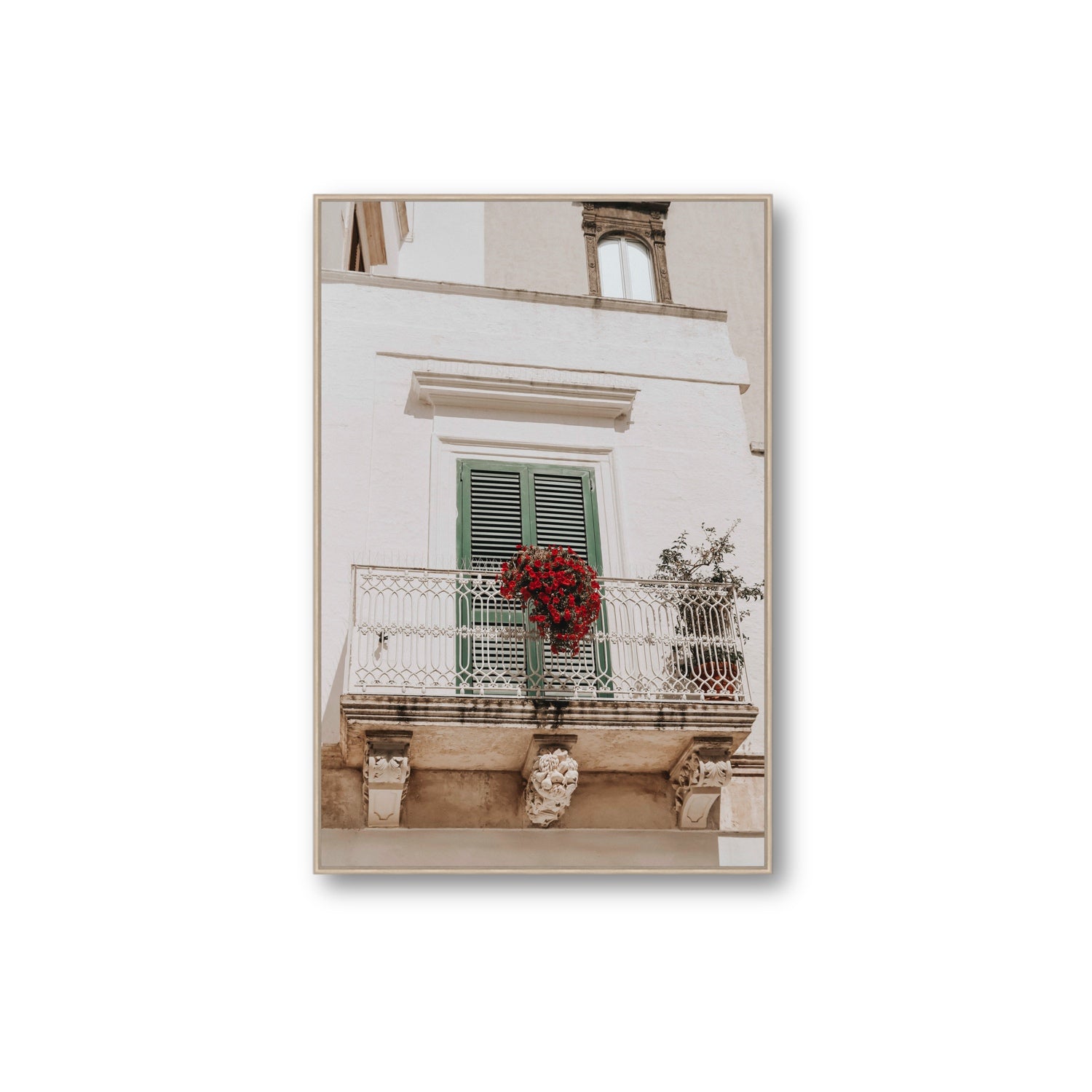 Balcone Estivo Puglia Italian wall art Extra Large fine art canvas in natural oak float frame