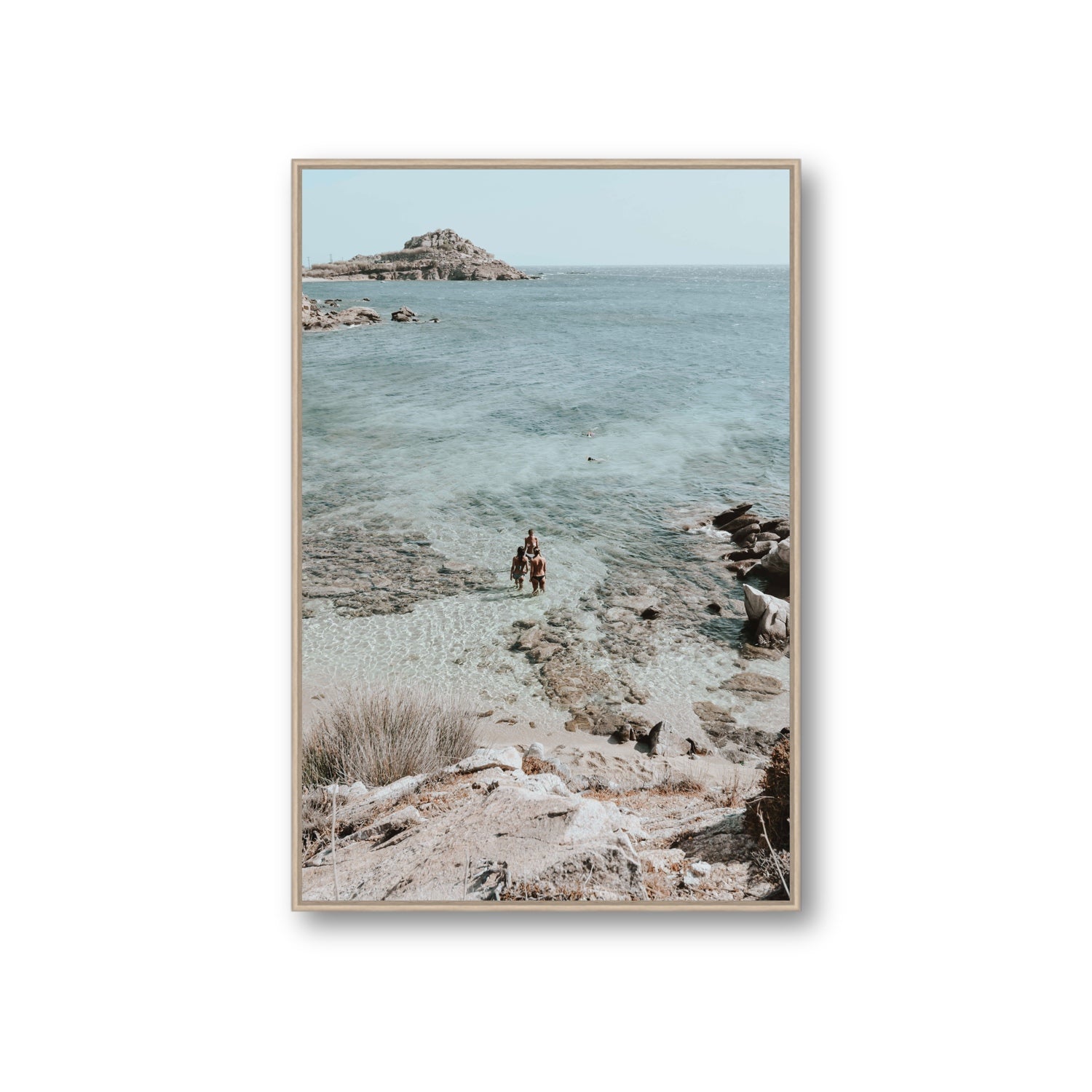 Island Life Mykonos coastal Greek island wall art Giant fine art canvas in natural oak float frame