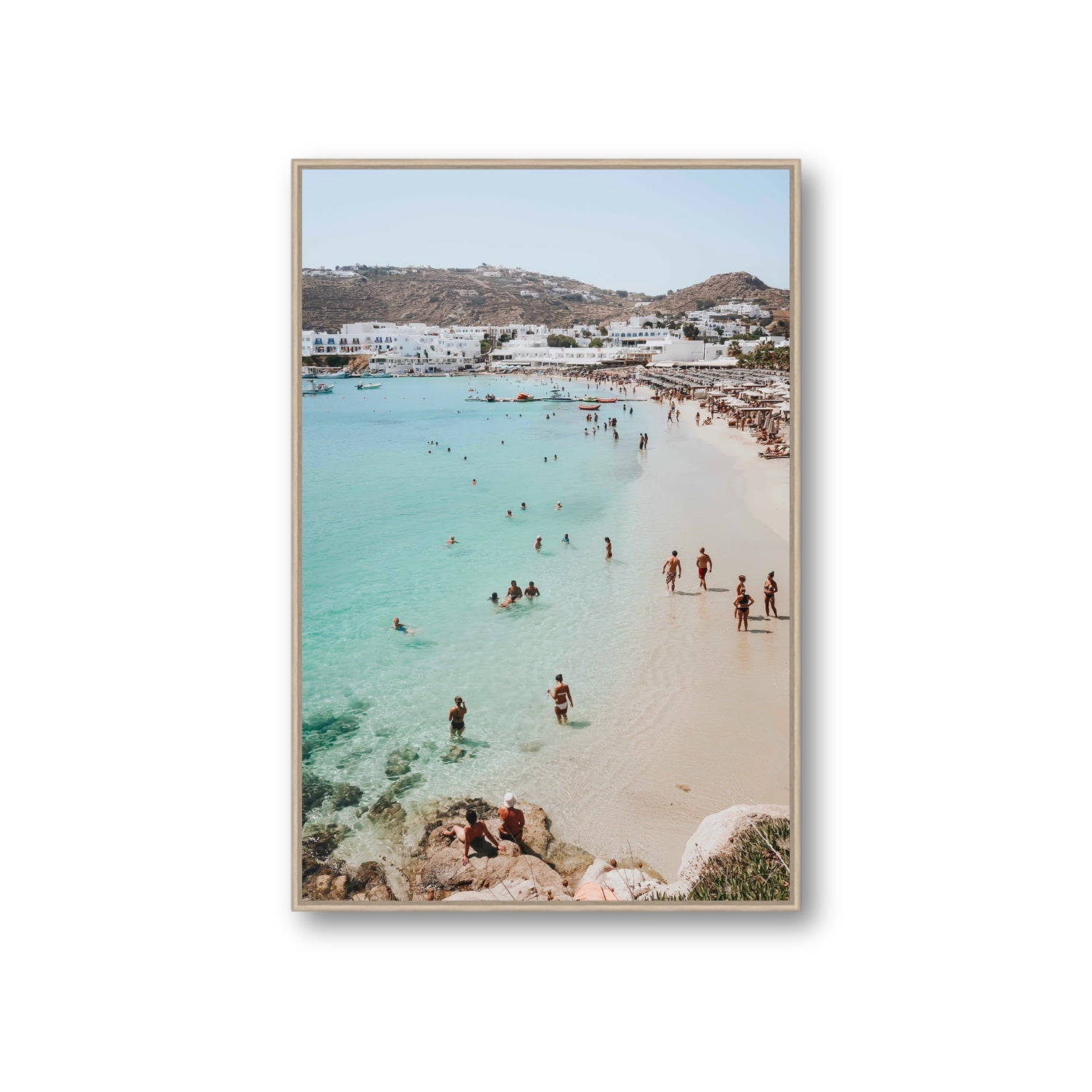 Breathe In The Salty Air Mykonos Greek island wall art Giant fine art canvas in natural oak float frame