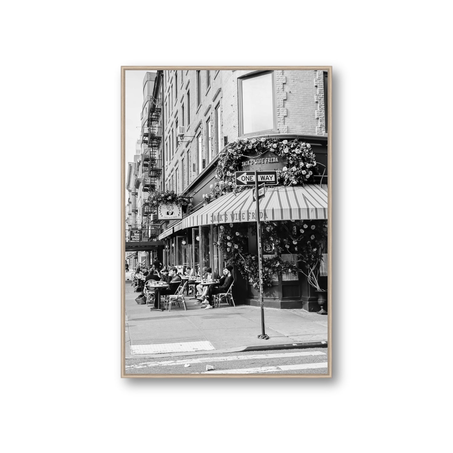 Freda's Feast New York NYC Black & White wall art Giant fine art canvas in natural oak float frame