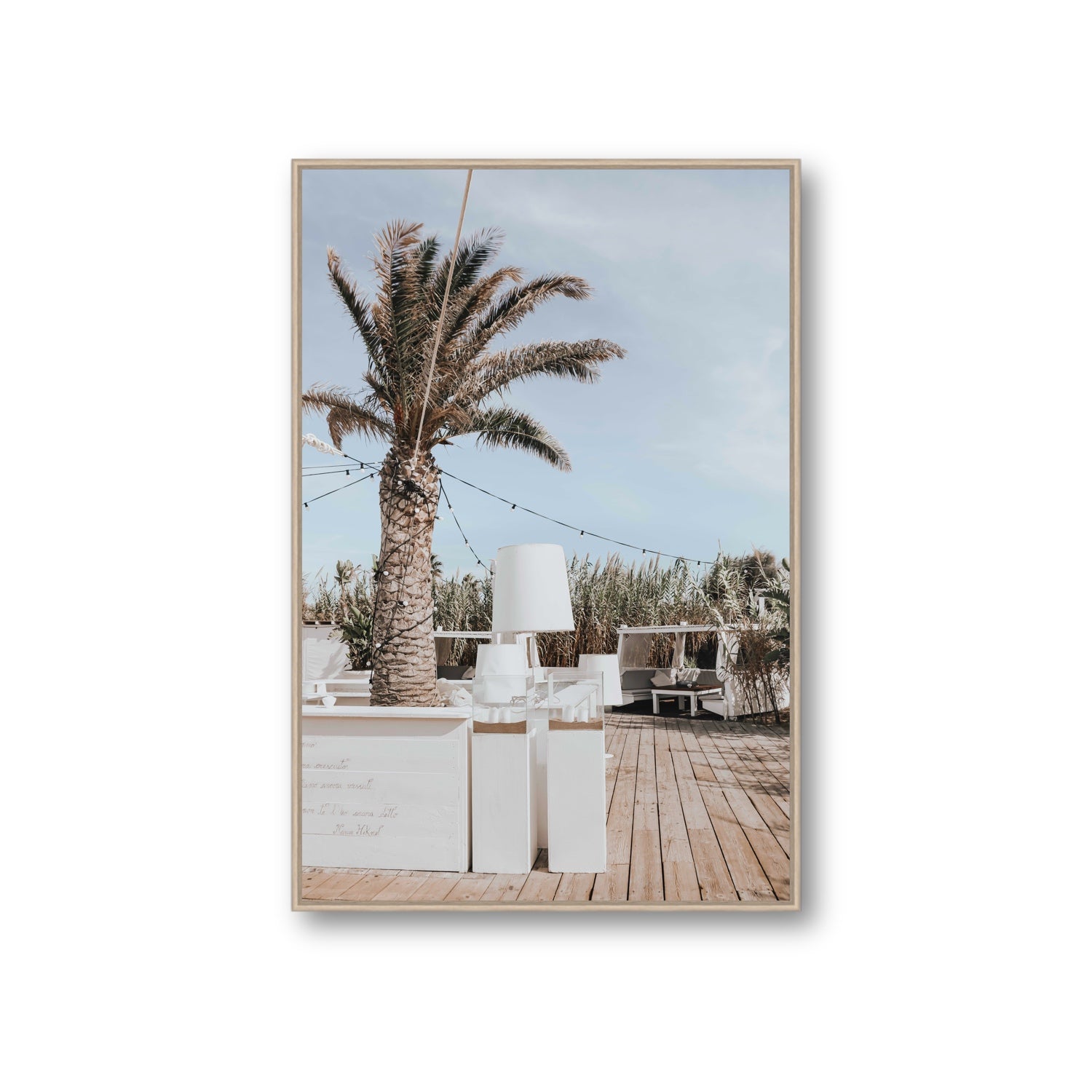 Seabreeze Palm Puglia coastal beach wall art Giant fine art canvas in natural oak float frame