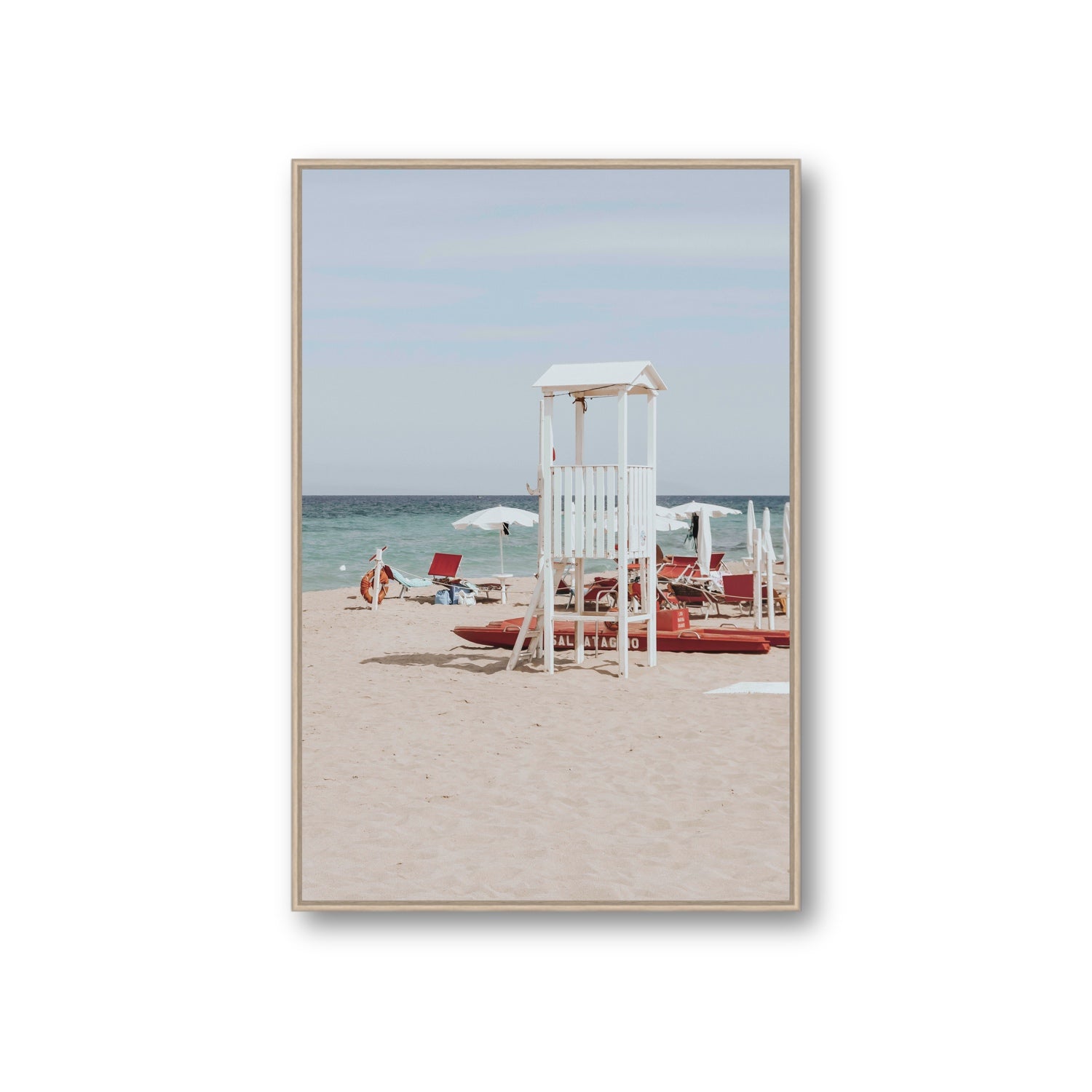 Barefoot Bliss Puglia beach Italian coastal decor wall art Giant fine art canvas in natural oak float frame