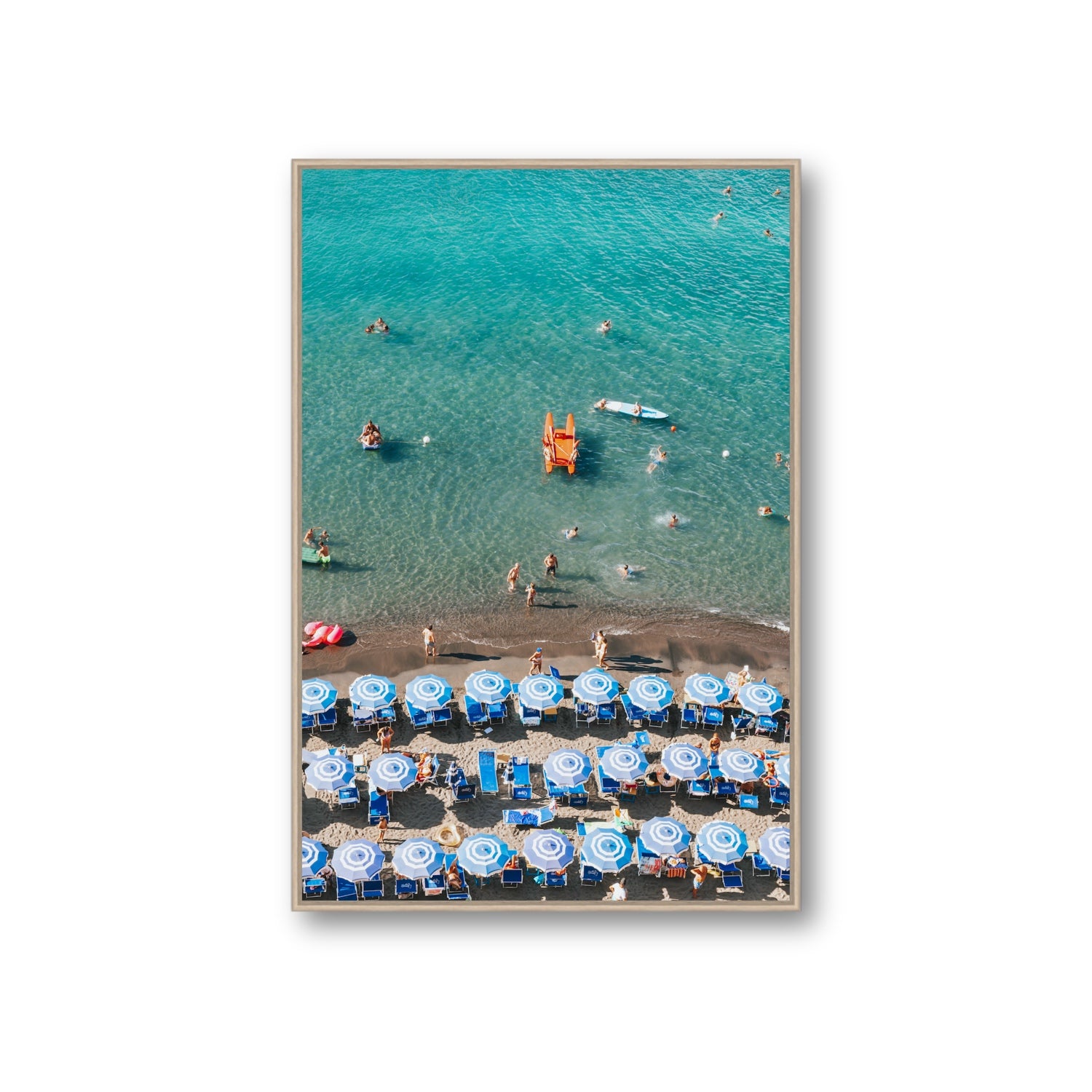 Aquamarine Oasis Sorrento Italian coastal wall art Giant fine art canvas in natural oak float frame