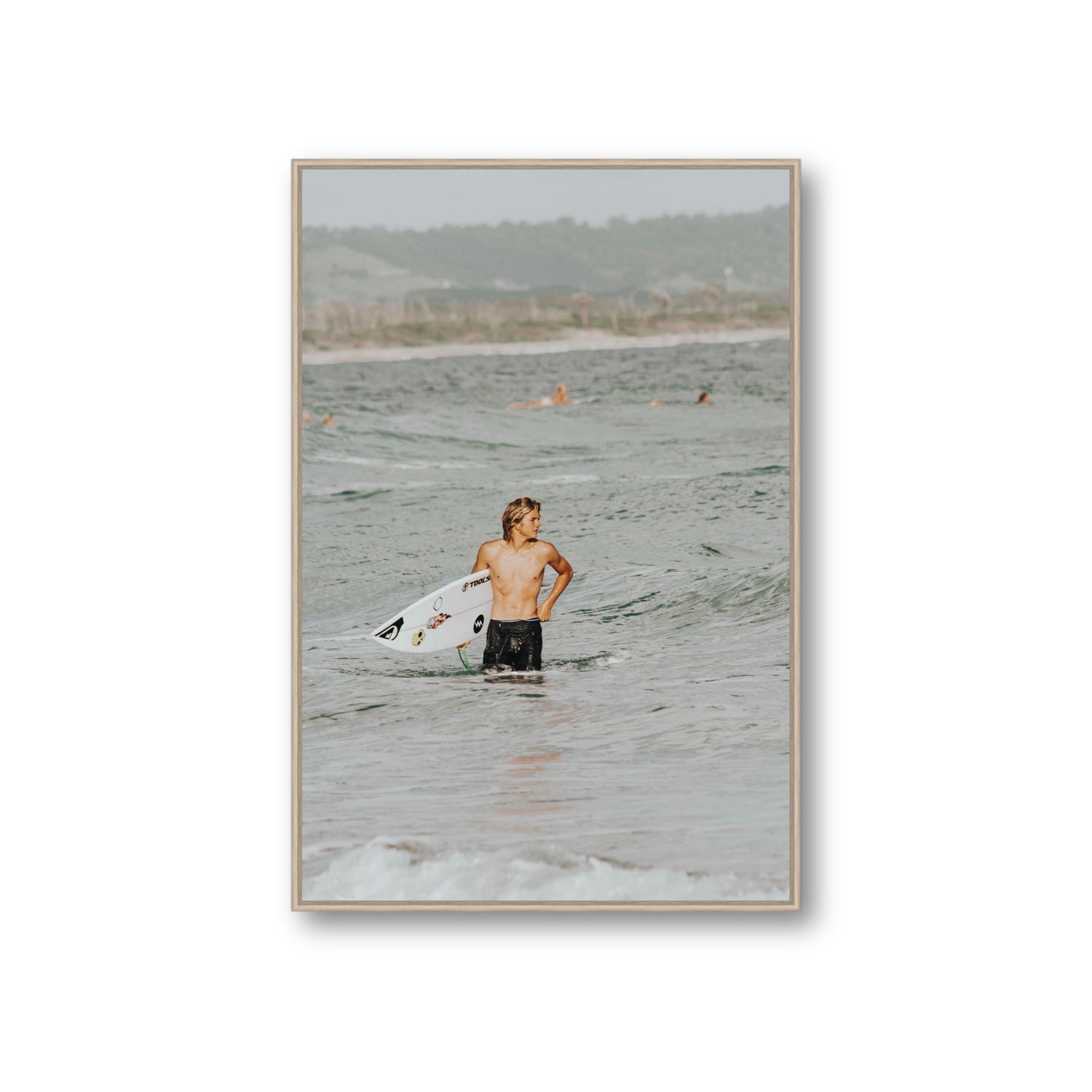 Chasing Mavericks Byron Bay Surf coastal wall art Giant fine art canvas in natural oak float frame