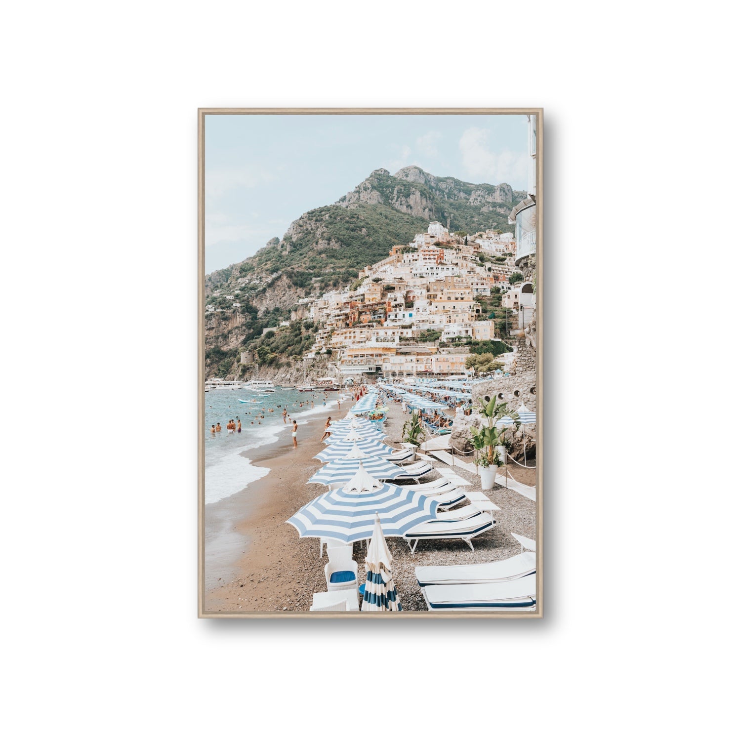 The Cliffside Village fine art print, Positano, Italy, Giant, Natural Oak Float Frame, Fine Art Canvas