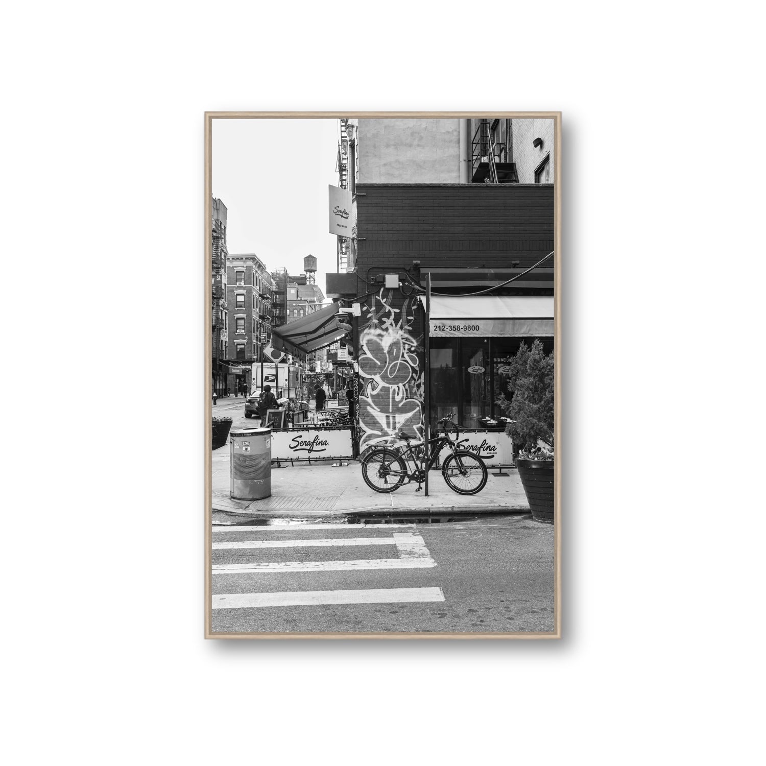 Cafe Canvas New York NYC Black & White wall art Giant fine art canvas in natural oak float frame