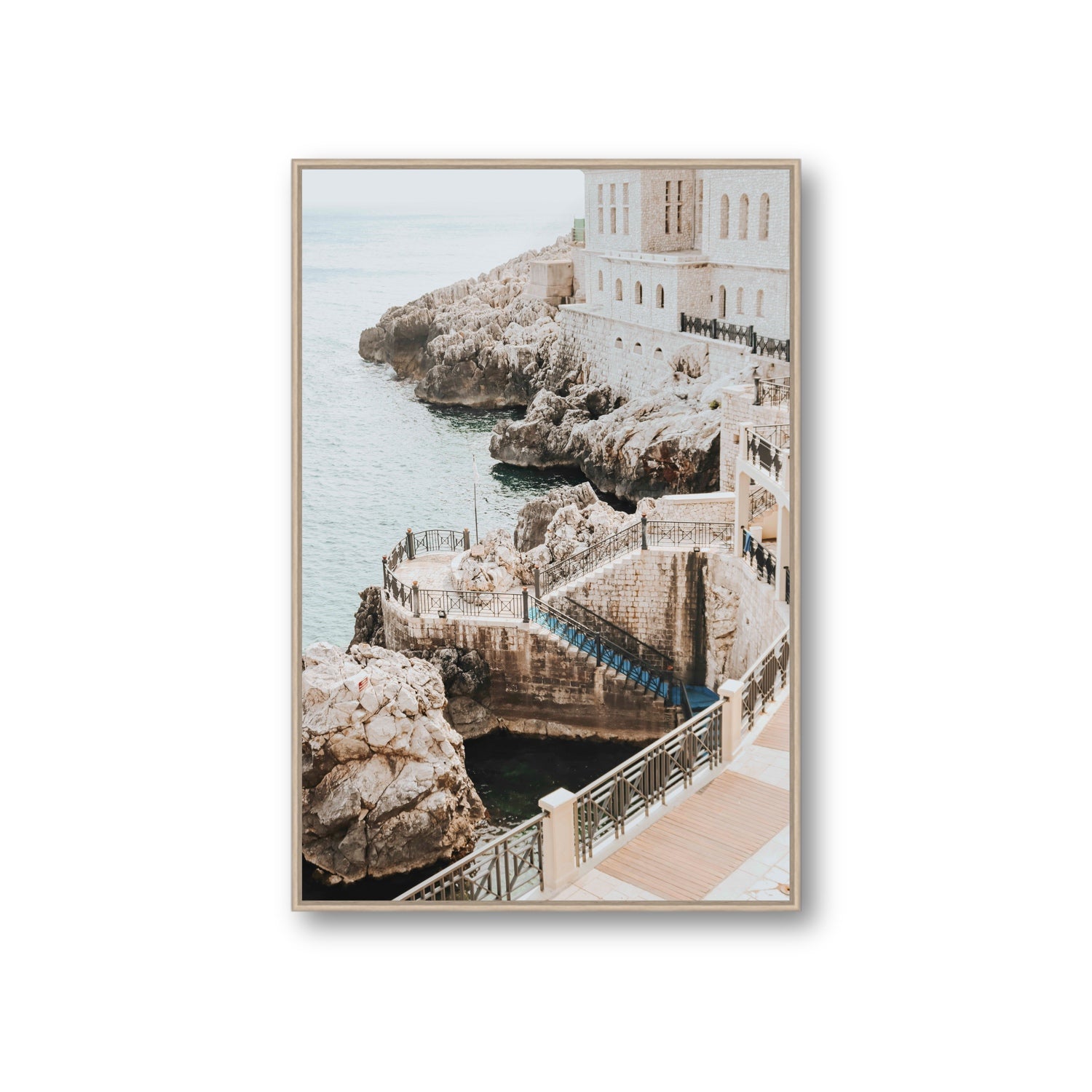 Wellness Centre Puglia coastal wall art Giant fine art canvas in natural oak float frame