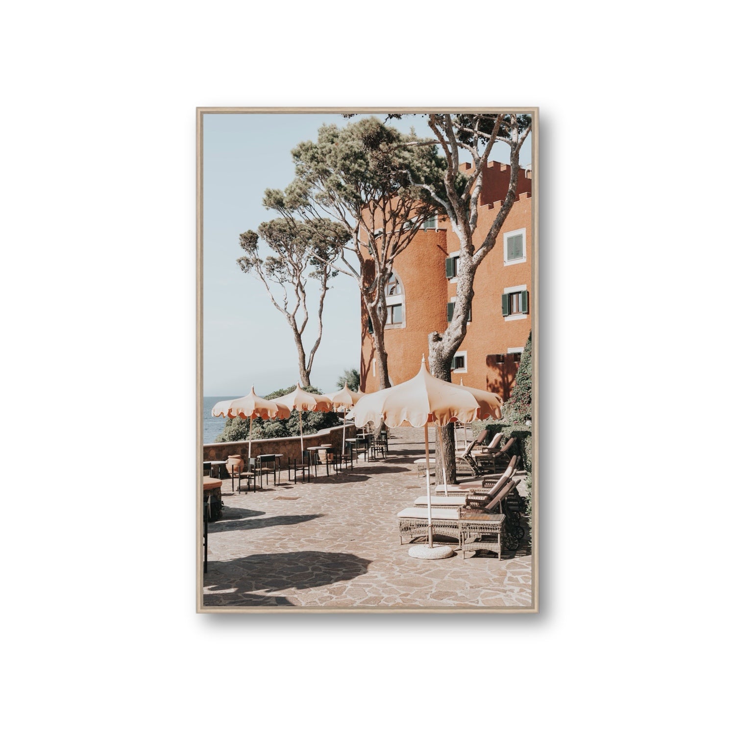 Mezzatorre Ischia Italian Mediterranean decor wall art Giant fine art canvas in natural oak float frame
