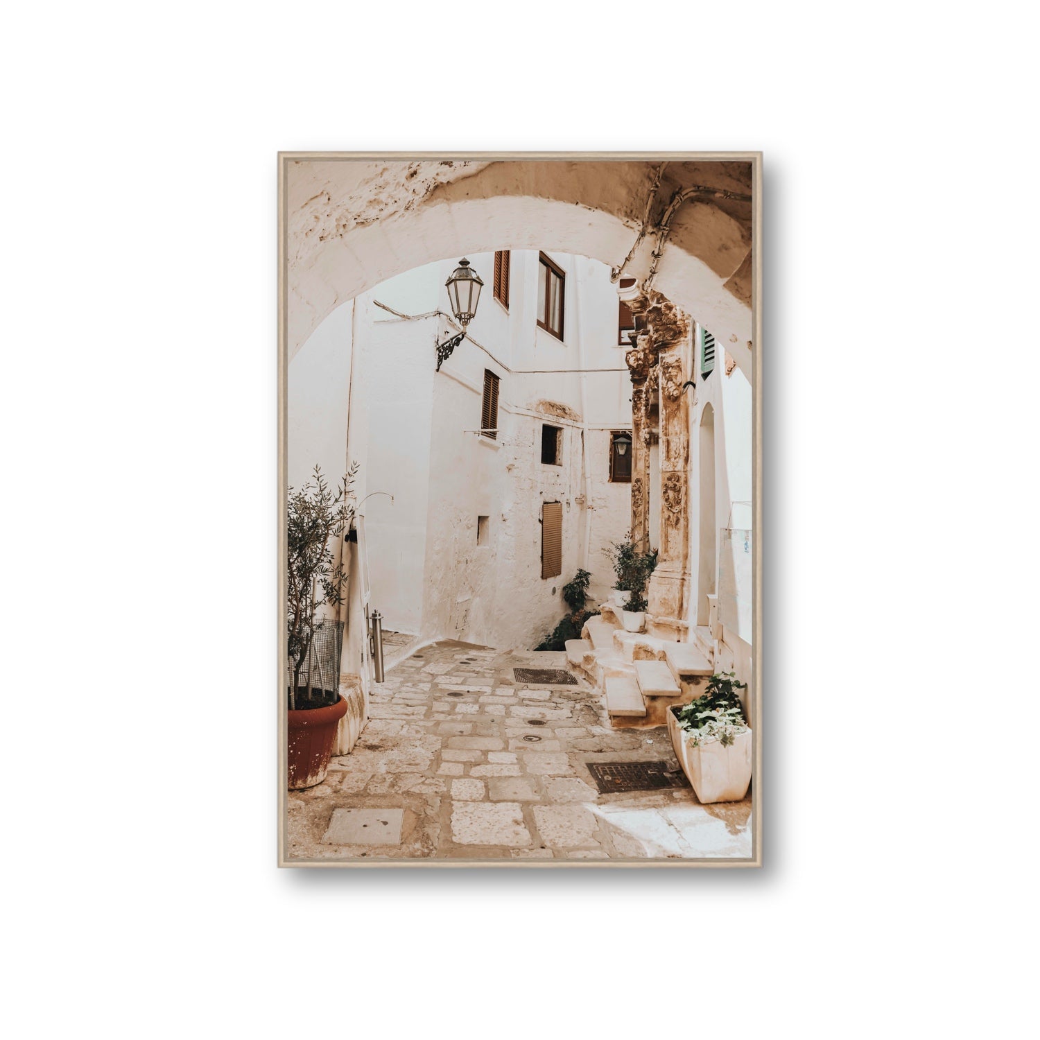 Pathway Wander Puglia Ostuni wall art Giant fine art canvas in natural oak float frame