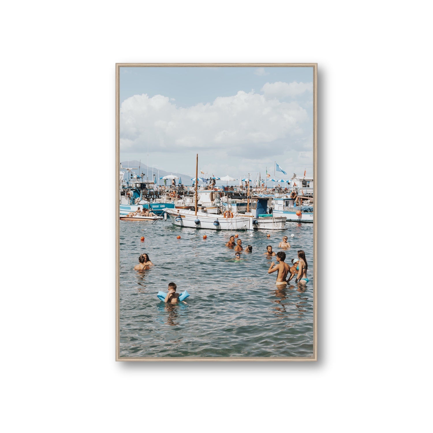 Vacanze Italiane Sorrento Italian coastal wall art Giant fine art canvas in natural oak float frame