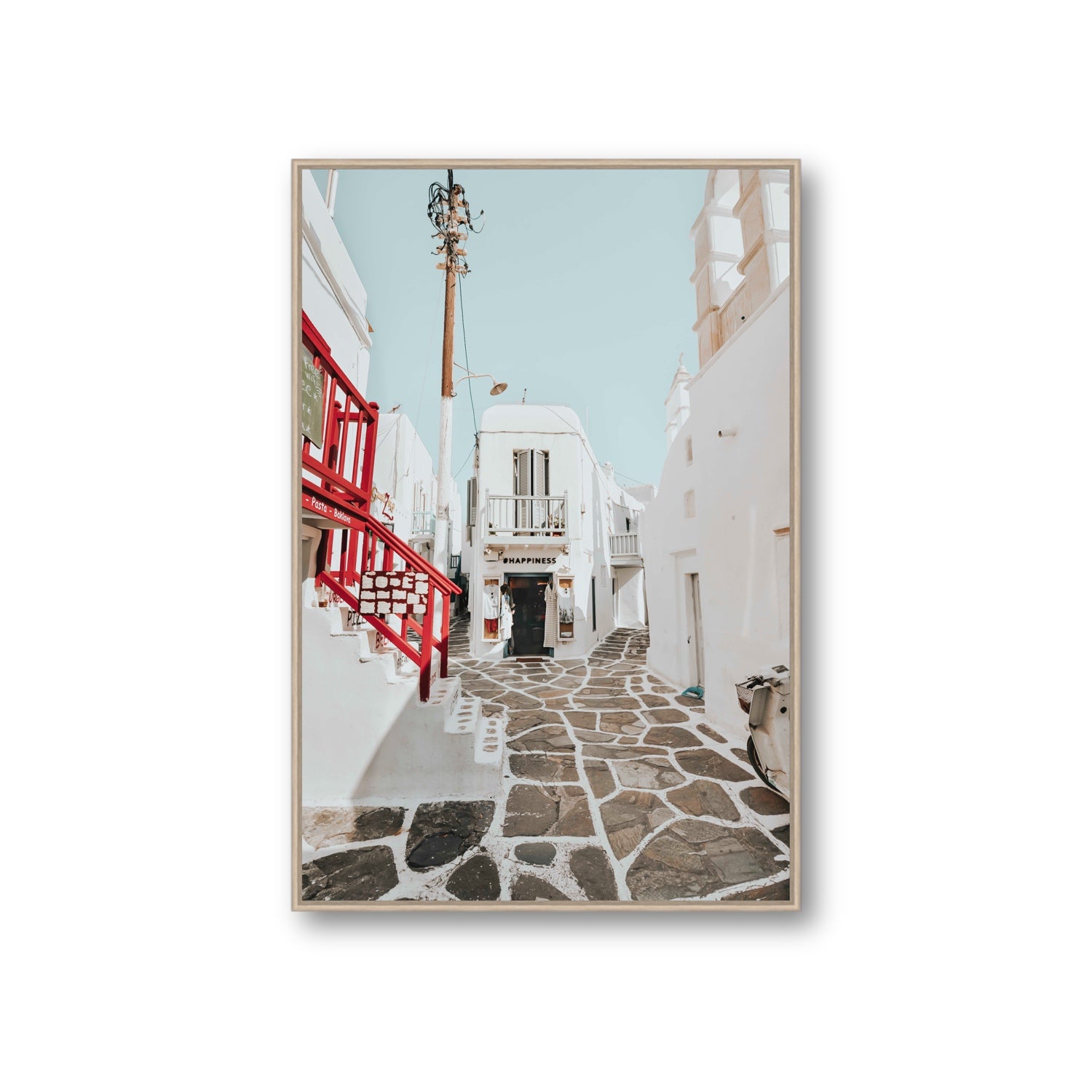 Happiness Mykonos Greek island wall art Giant fine art canvas in natural oak float frame