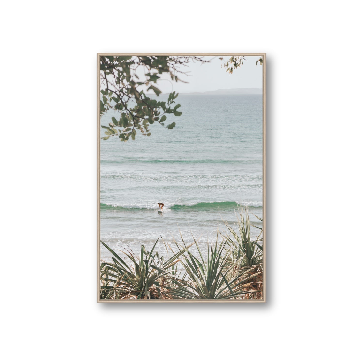 Dream Boat fine art print, Noosa, Australia, coastal scenes artwork, Giant, Natural Oak Float Frame, Fine Art Canvas