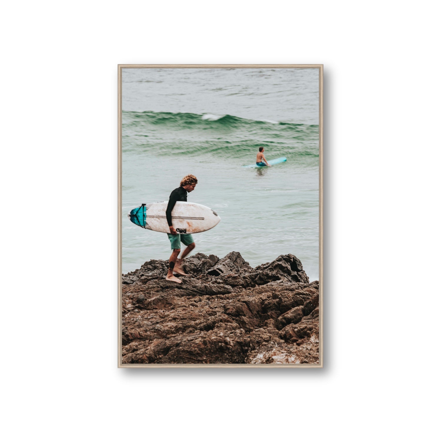 Not All Who Wander Are Lost Byron Bay Surf wall art Giant fine art canvas in natural oak float frame