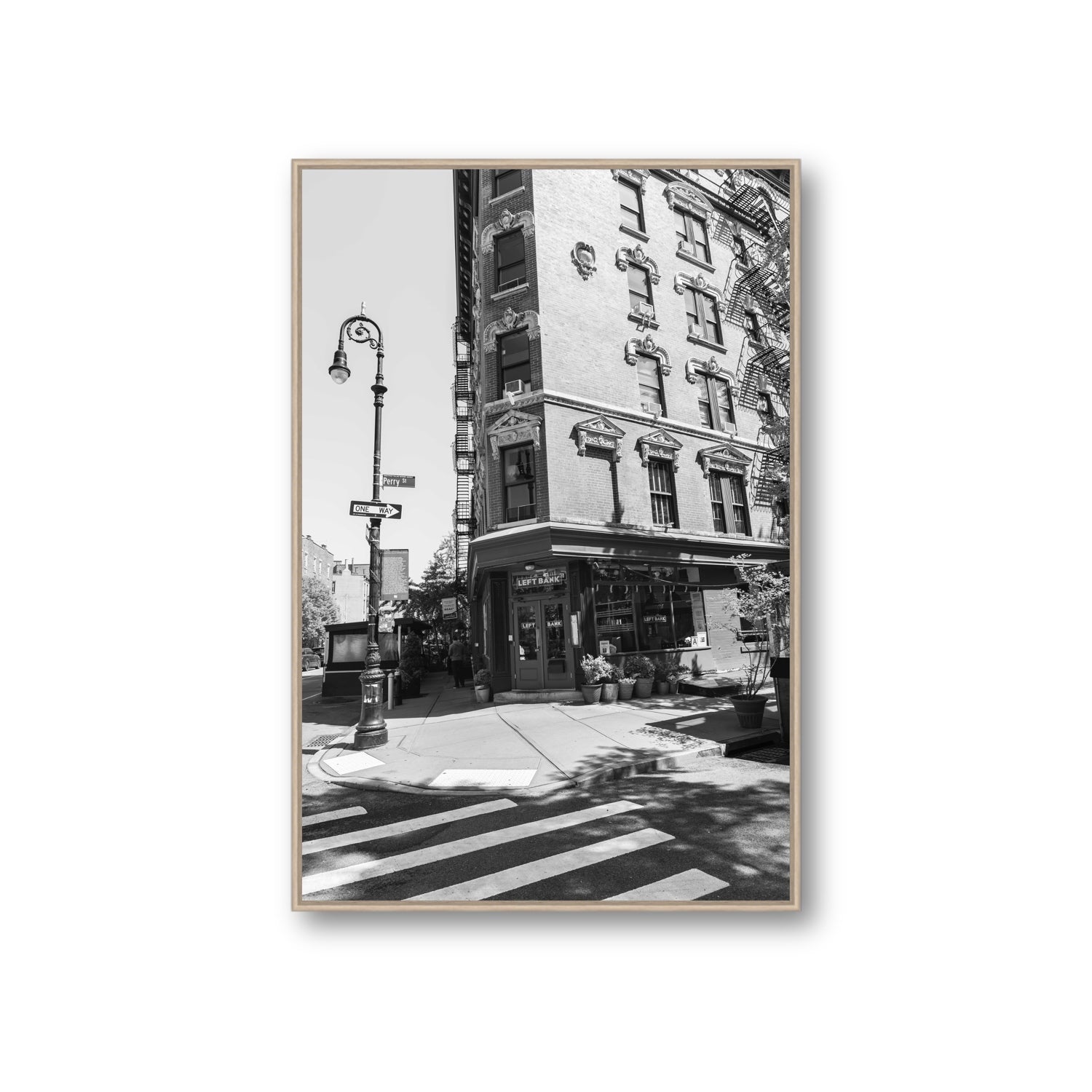 Parisian On Perry New York NYC Black & White wall art Giant fine art canvas in natural oak float frame