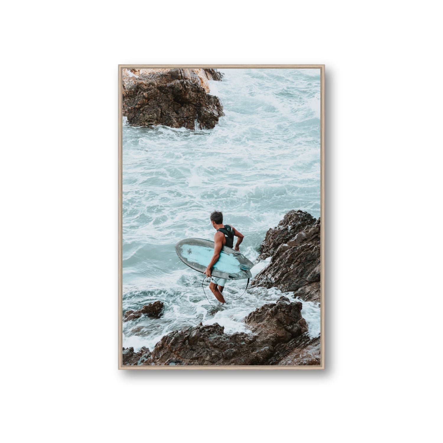 Into The Soup Byron Bay Surf coastal wall art Giant fine art canvas in natural oak float frame