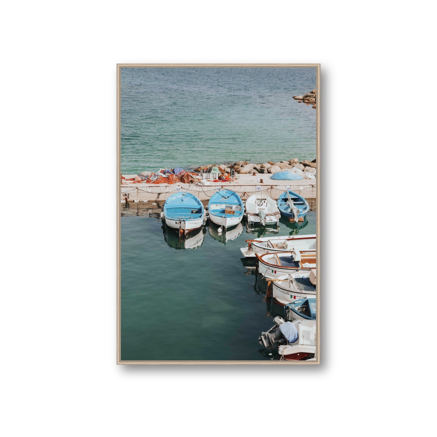 Maritime Memories Puglia Harbour Reflections coastal wall art Giant fine art canvas in natural oak float frame
