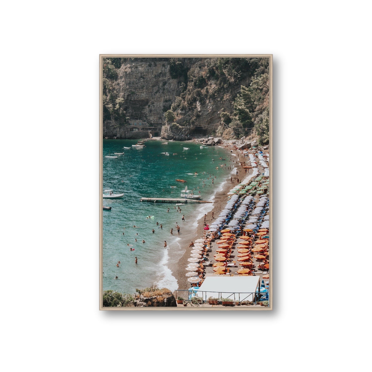 Parasol Panorama fine art print, Positano, Italy, Giant, Natural Oak Float Frame, Fine Art Canvas