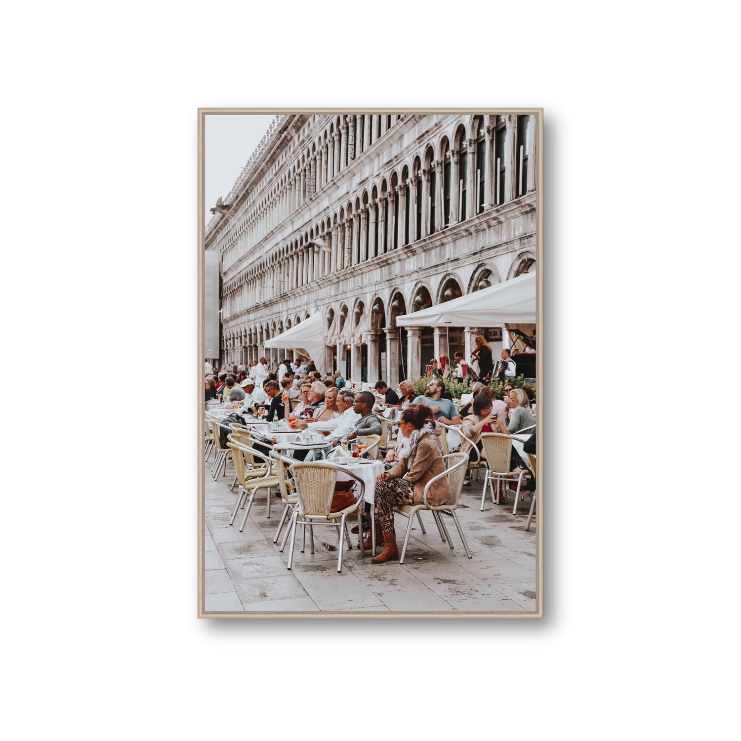 Lunchbreak Venice Italian wall art Giant fine art canvas in natural oak float frame