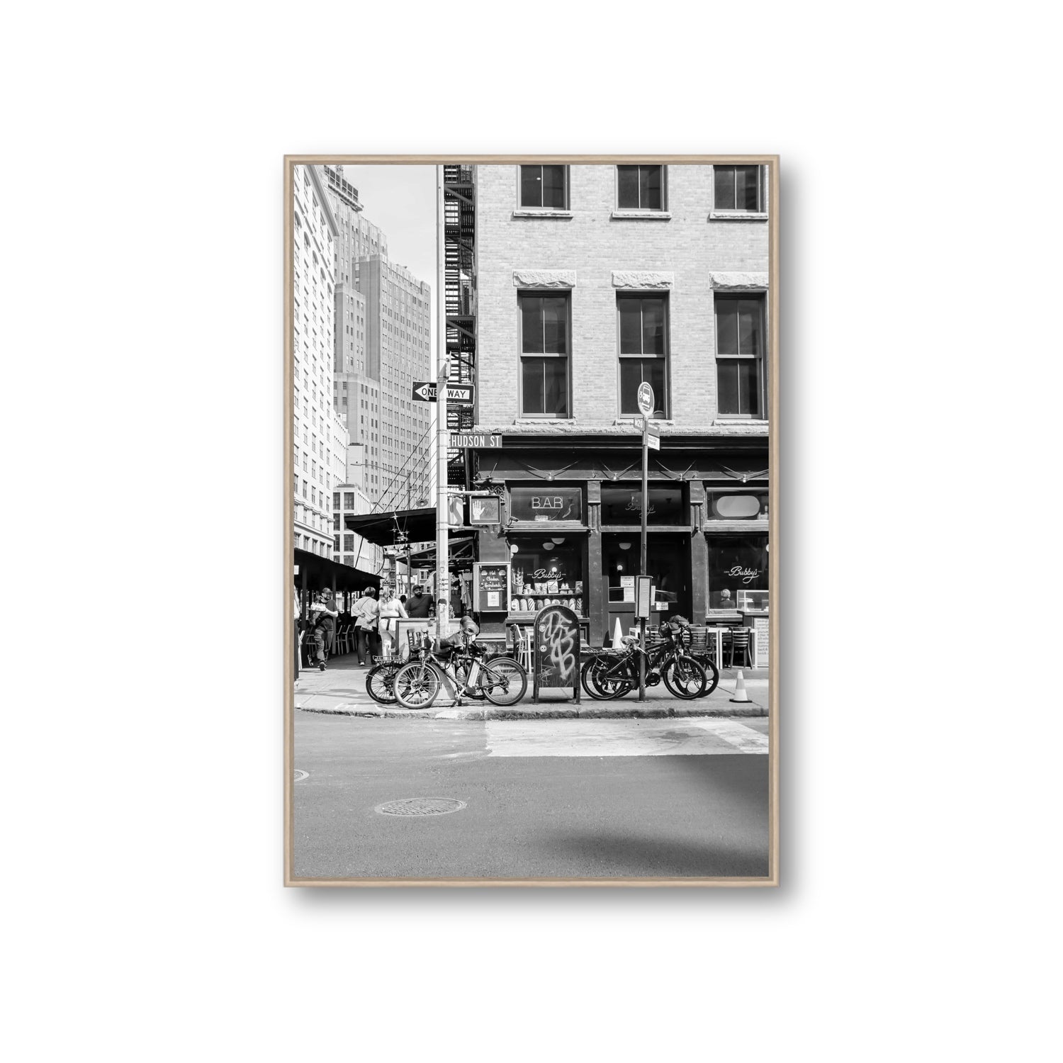 Bites Of The Big Apple New York NYC Black & White wall art Giant fine art canvas in natural oak float frame