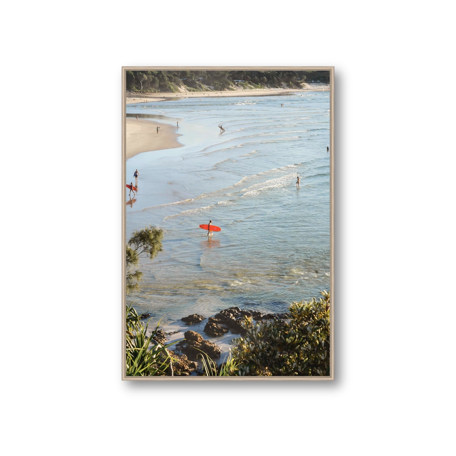 Seclusion Byron Bay Surf coastal wall art Giant fine art canvas in natural oak float frame