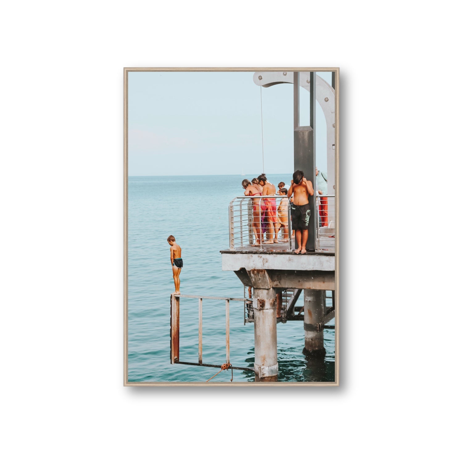 Golden Boy Alassio coastal decor wall art Giant fine art canvas in natural oak float frame