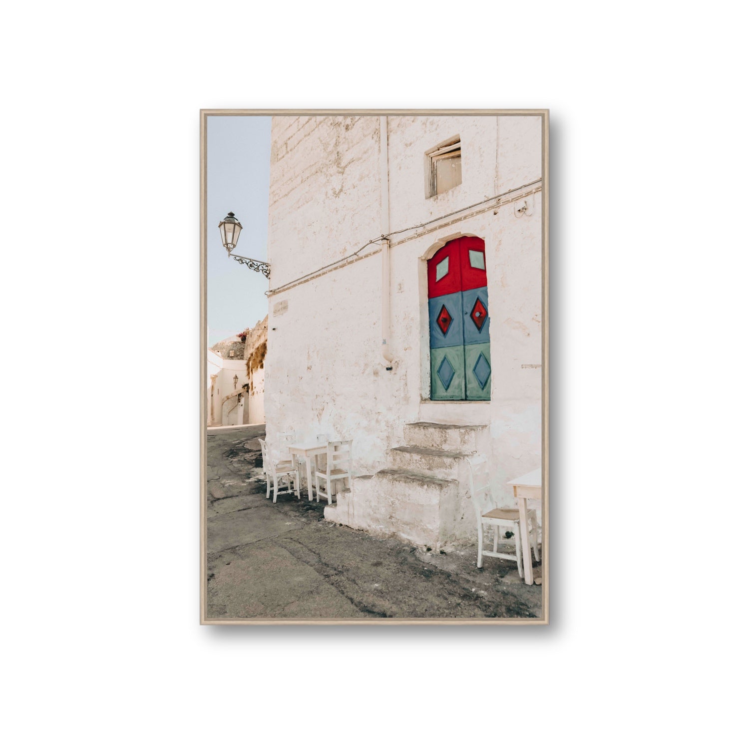 Doorway Delight Puglia Ostuni wall art Giant fine art canvas in natural oak float frame