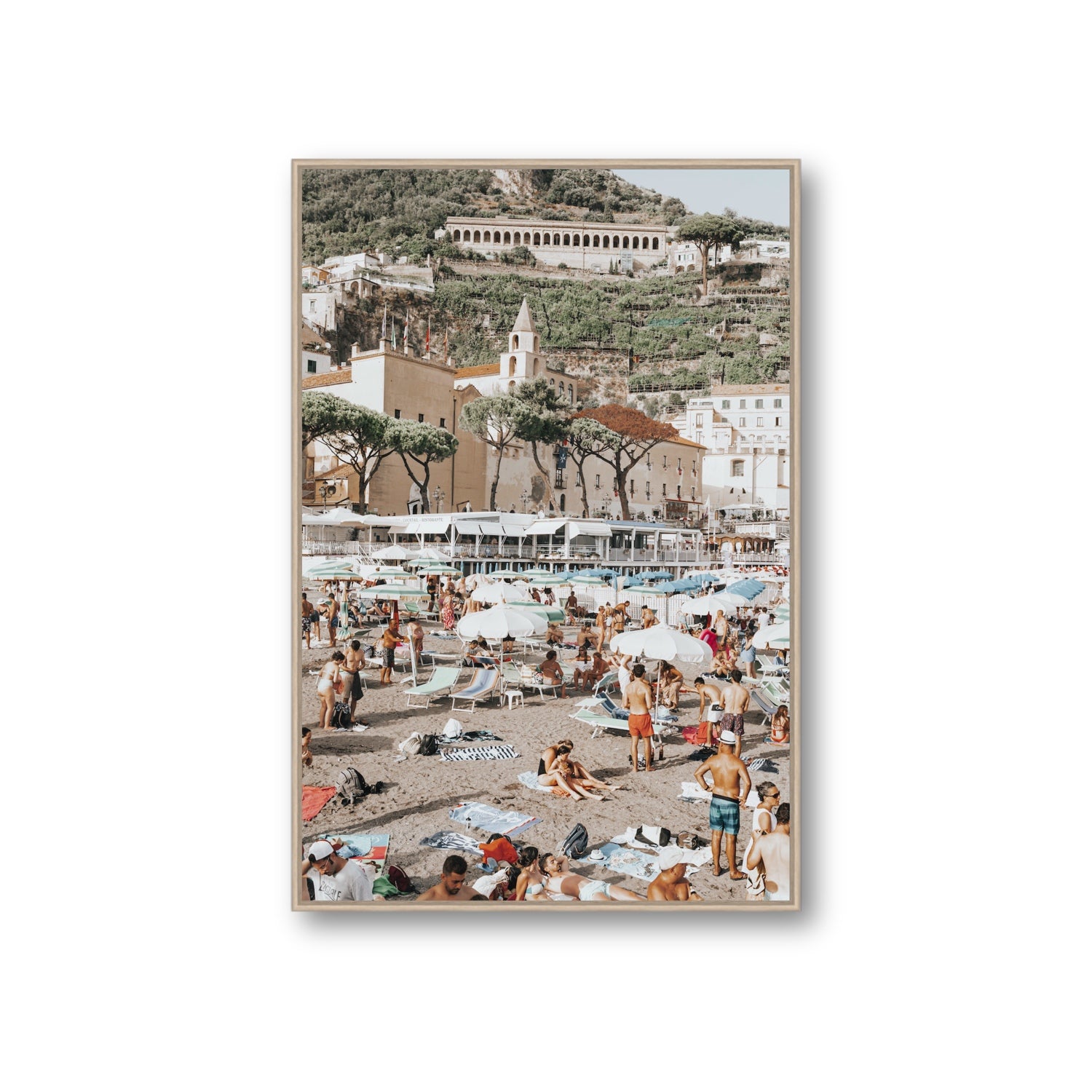 Festa In Spiaggia Amalfi coastal wall art Giant fine art canvas in natural oak float frame