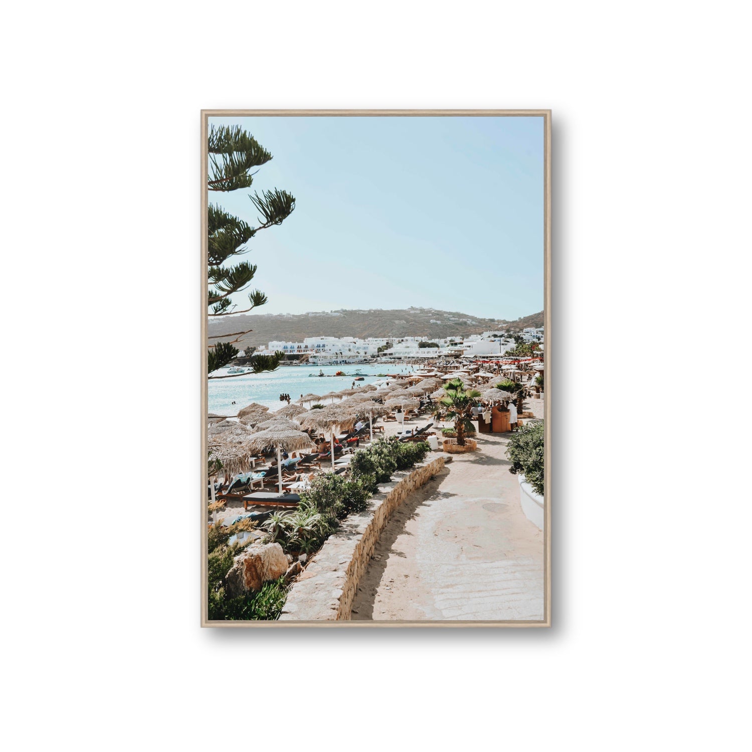 All Roads Lead To The Beach Mykonos Greek island wall art Giant fine art canvas in natural oak float frame