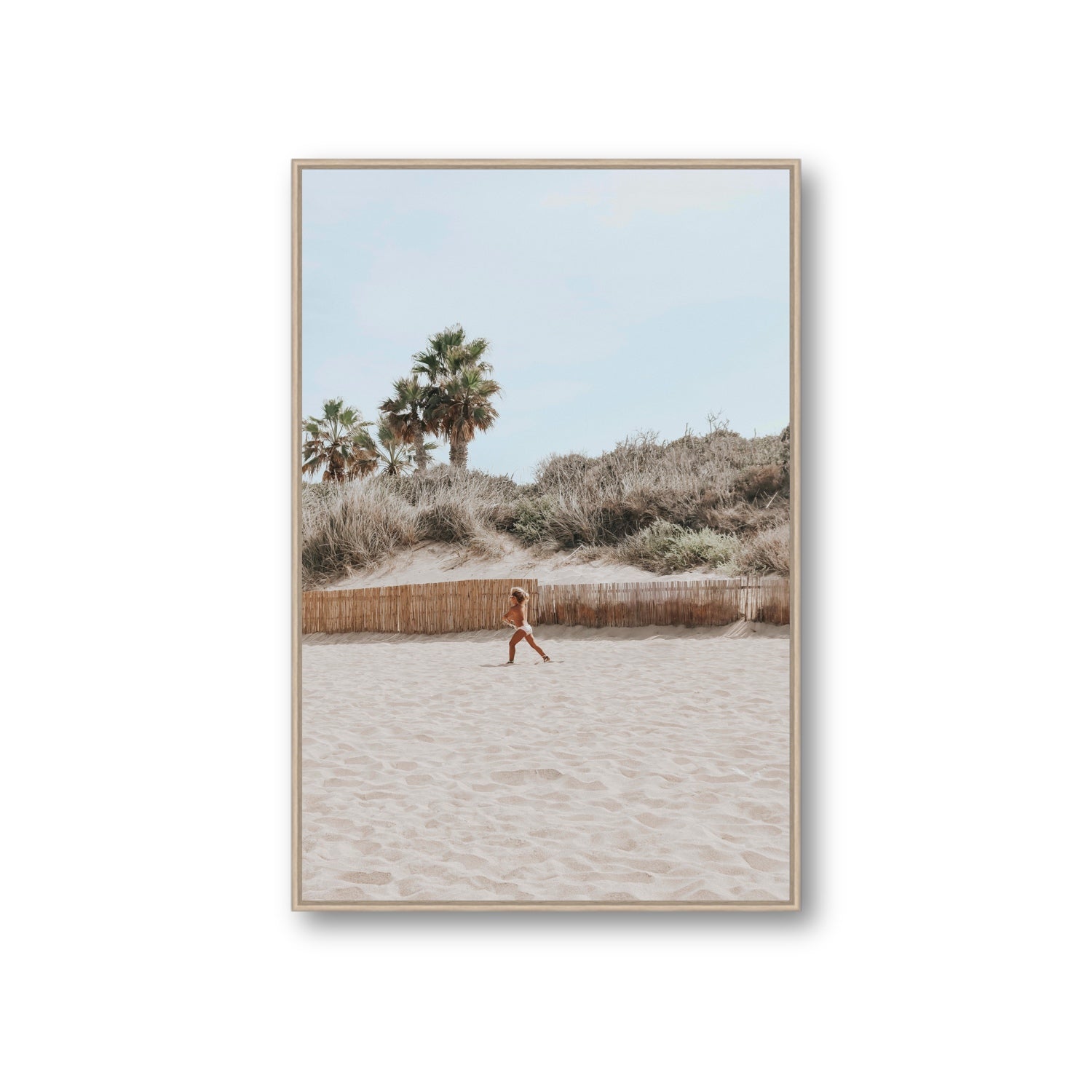Joyful Sprint Puglia beach coastal fine art print Giant fine art canvas in natural oak float frame
