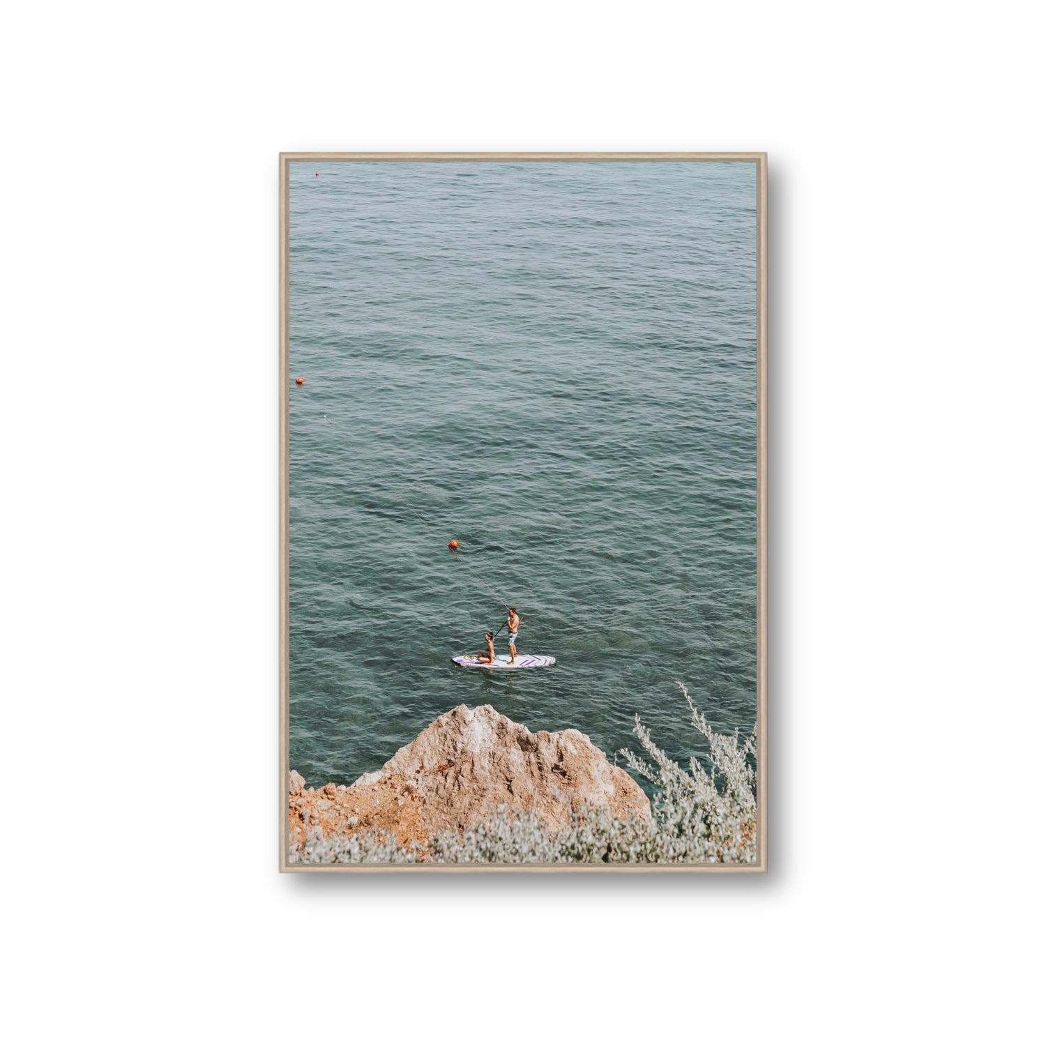 Into The Vibe Without Getting Wet Tuscany coastal wall art Giant fine art canvas in natural oak float frame