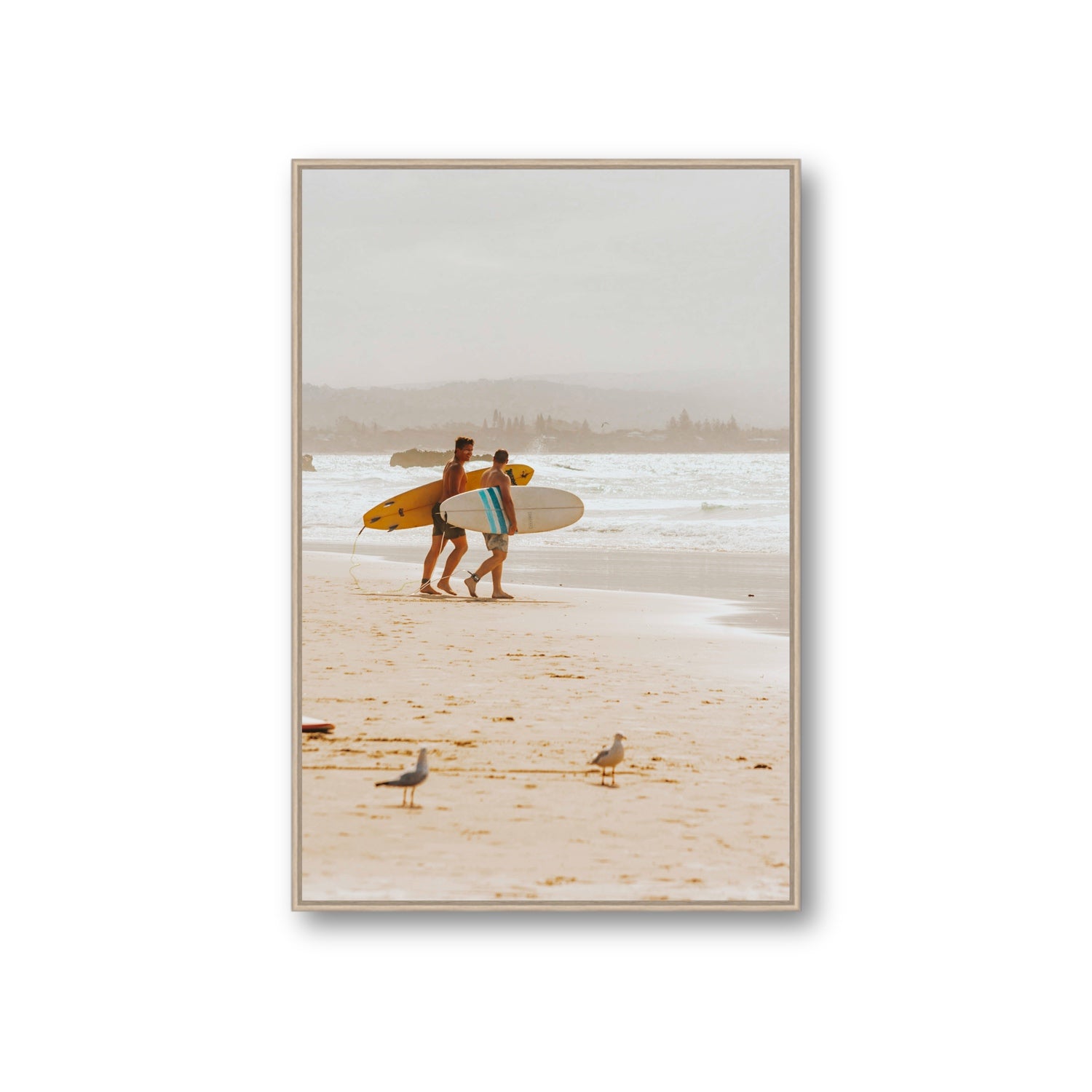 Shane & Benji Byron Bay Surf coastal wall art Giant fine art canvas in natural oak float frame