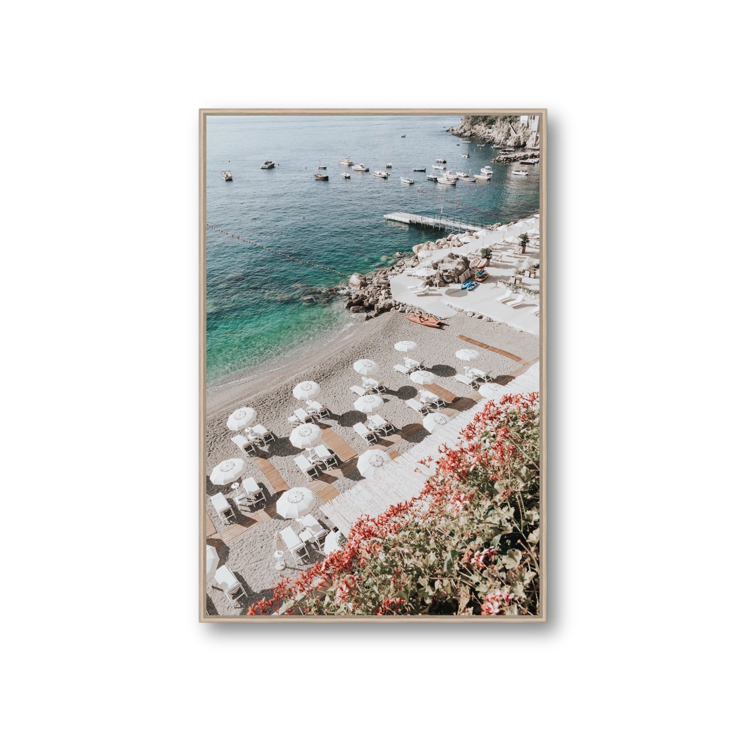 Tranquil Oasis Amalfi coastal wall art Giant fine art canvas in natural oak float frame