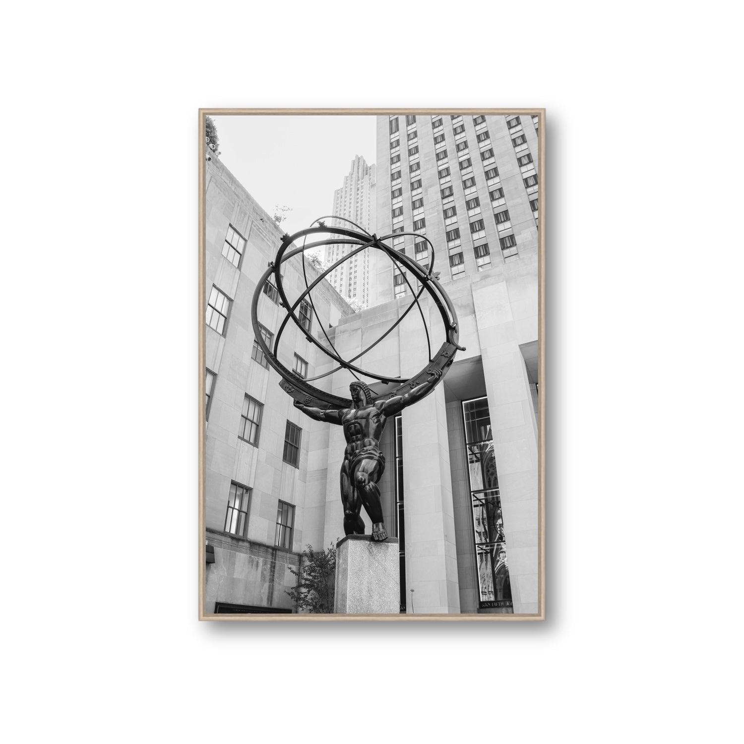 Atlas Ascends New York NYC Black & White wall art Giant fine art canvas in natural oak float frame