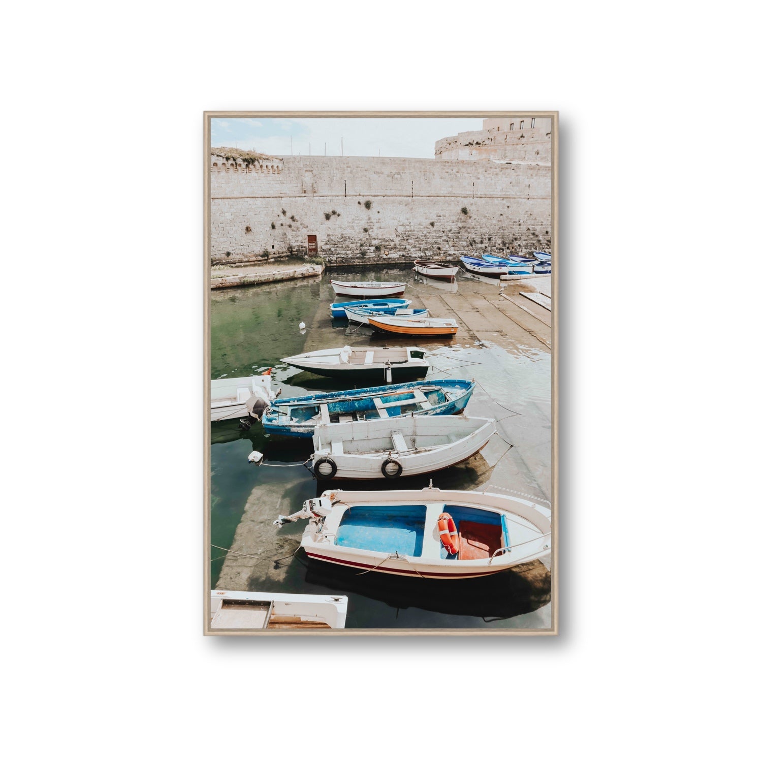 Harbour Palette Puglia coastal photography wall art Giant fine art canvas in natural oak float frame