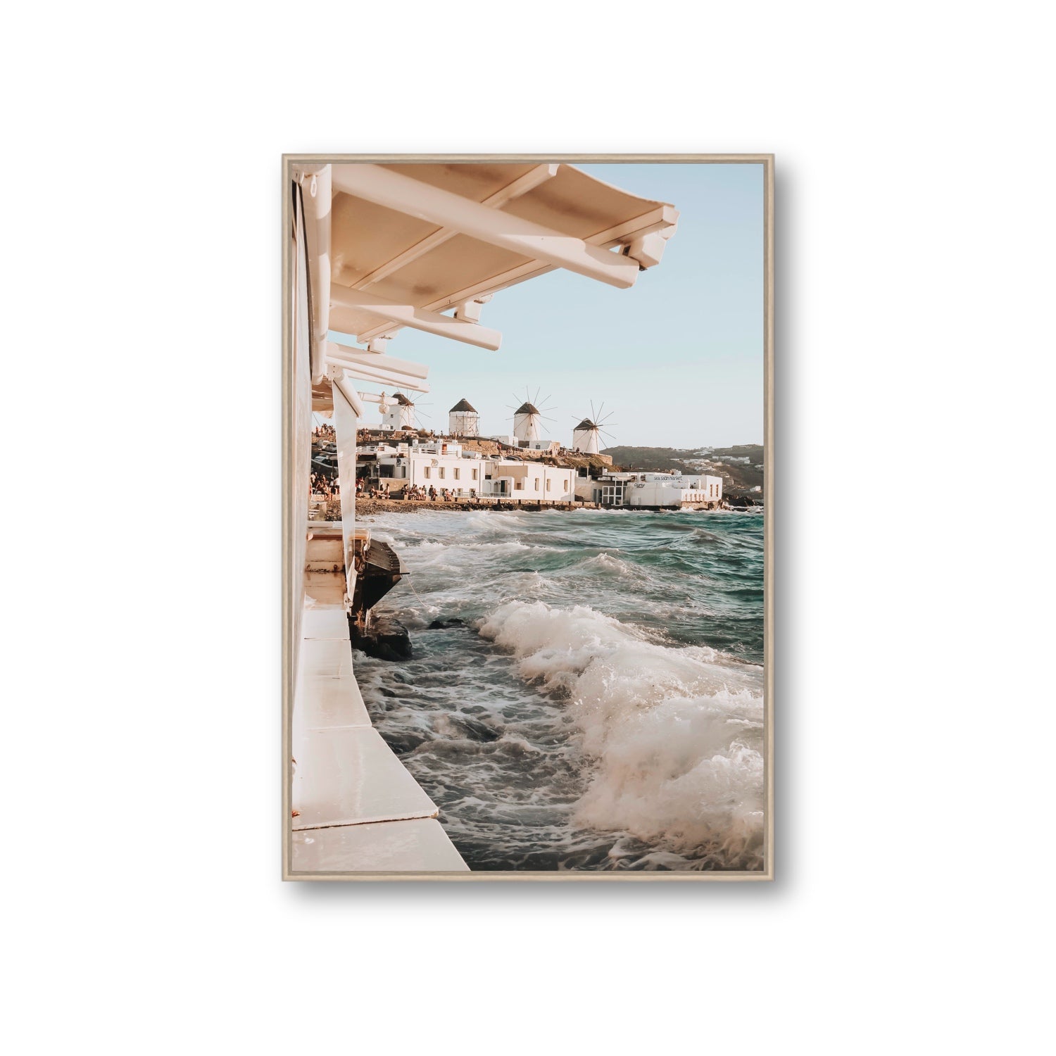 Windmills Mykonos Greek island wall art Giant fine art canvas in natural oak float frame