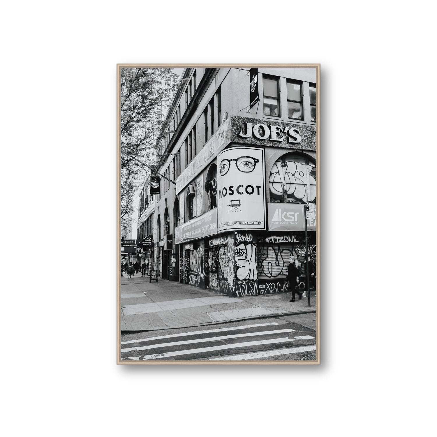 Lower East Side Murals New York NYC Black & White wall art Giant fine art canvas in natural oak float frame