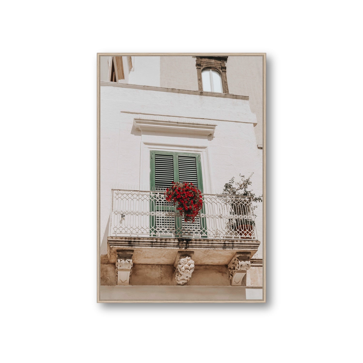 Balcone Estivo Puglia Italian wall art Giant fine art canvas in natural oak float frame