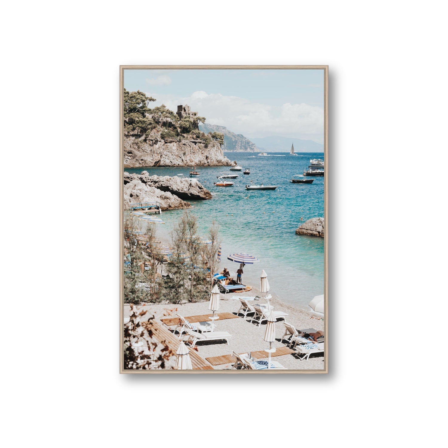 Sizzling Summer Days Amalfi coastal wall art Giant fine art canvas in natural oak float frame