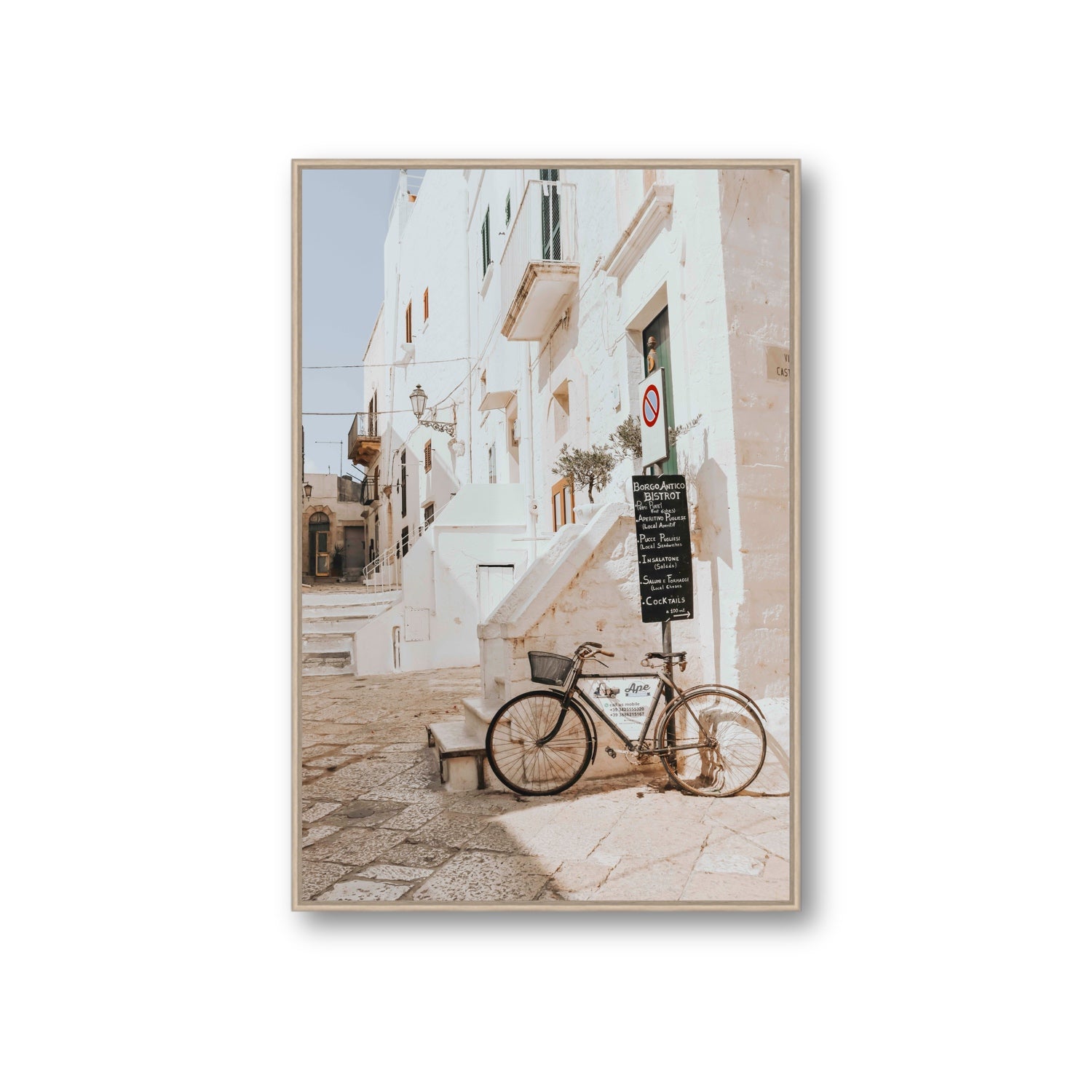 La Bicicletta Puglia Ostuni wall art Giant fine art canvas in natural oak float frame