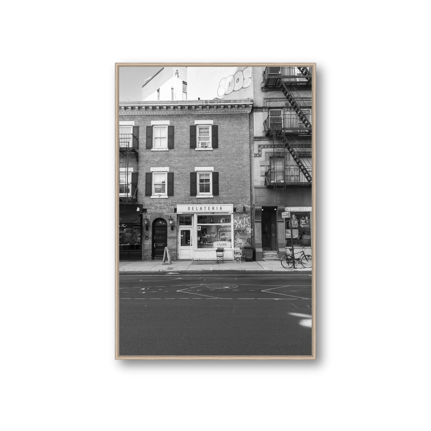 Gelateria New York NYC Black & White wall art Giant fine art canvas in natural oak float frame