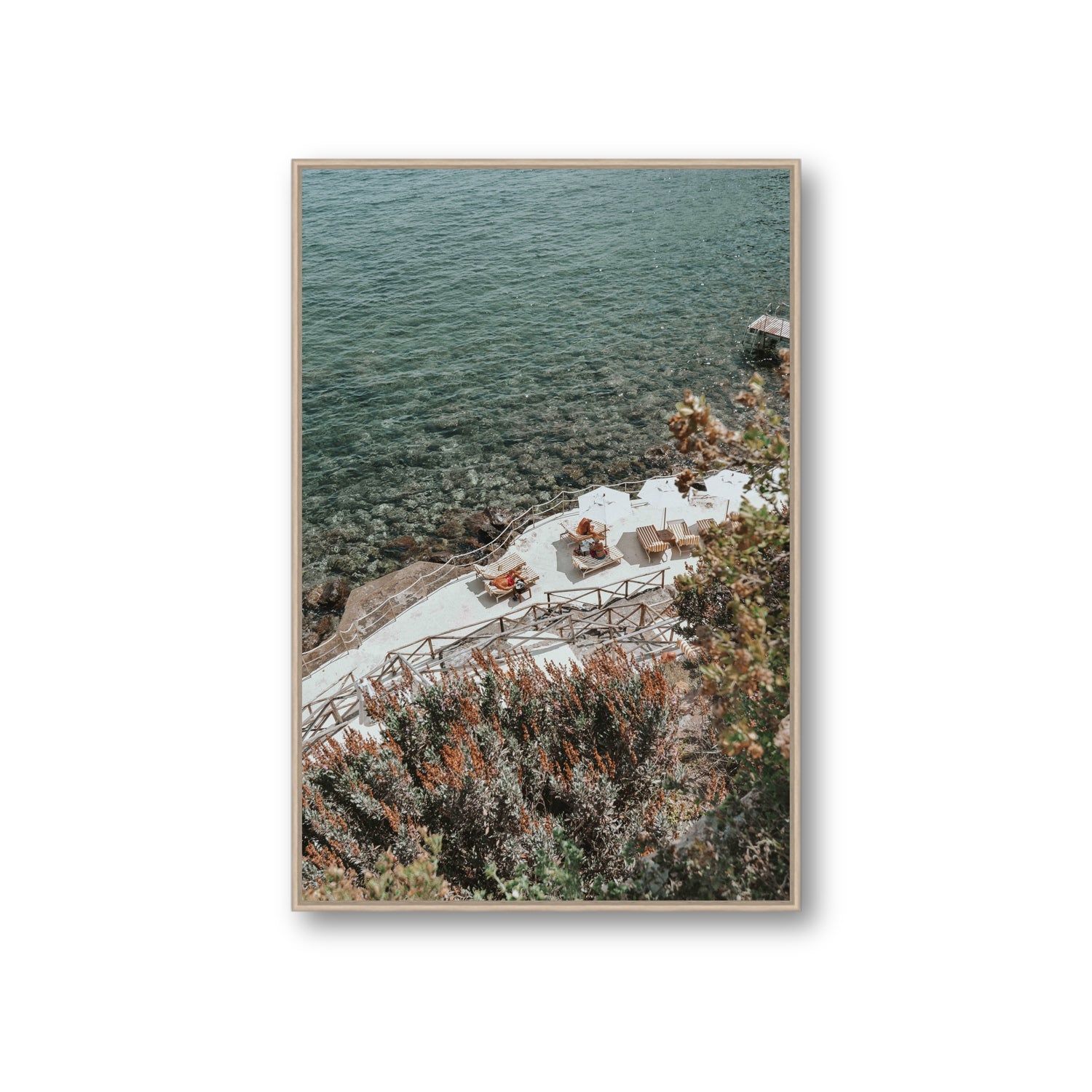Hidden Gem Tuscany coastal wall art Giant fine art canvas in natural oak float frame